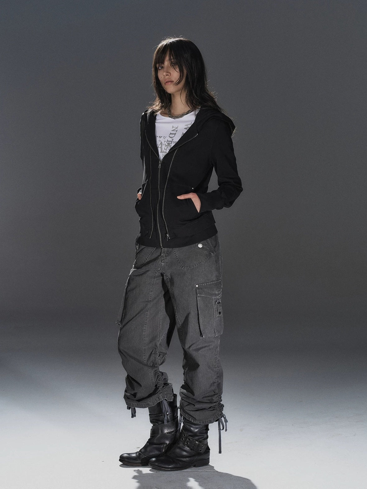 wear And tear Pure Cotton Lightweight Slim Zip Punk Studded Hooded Women Black Pocket Hoodies