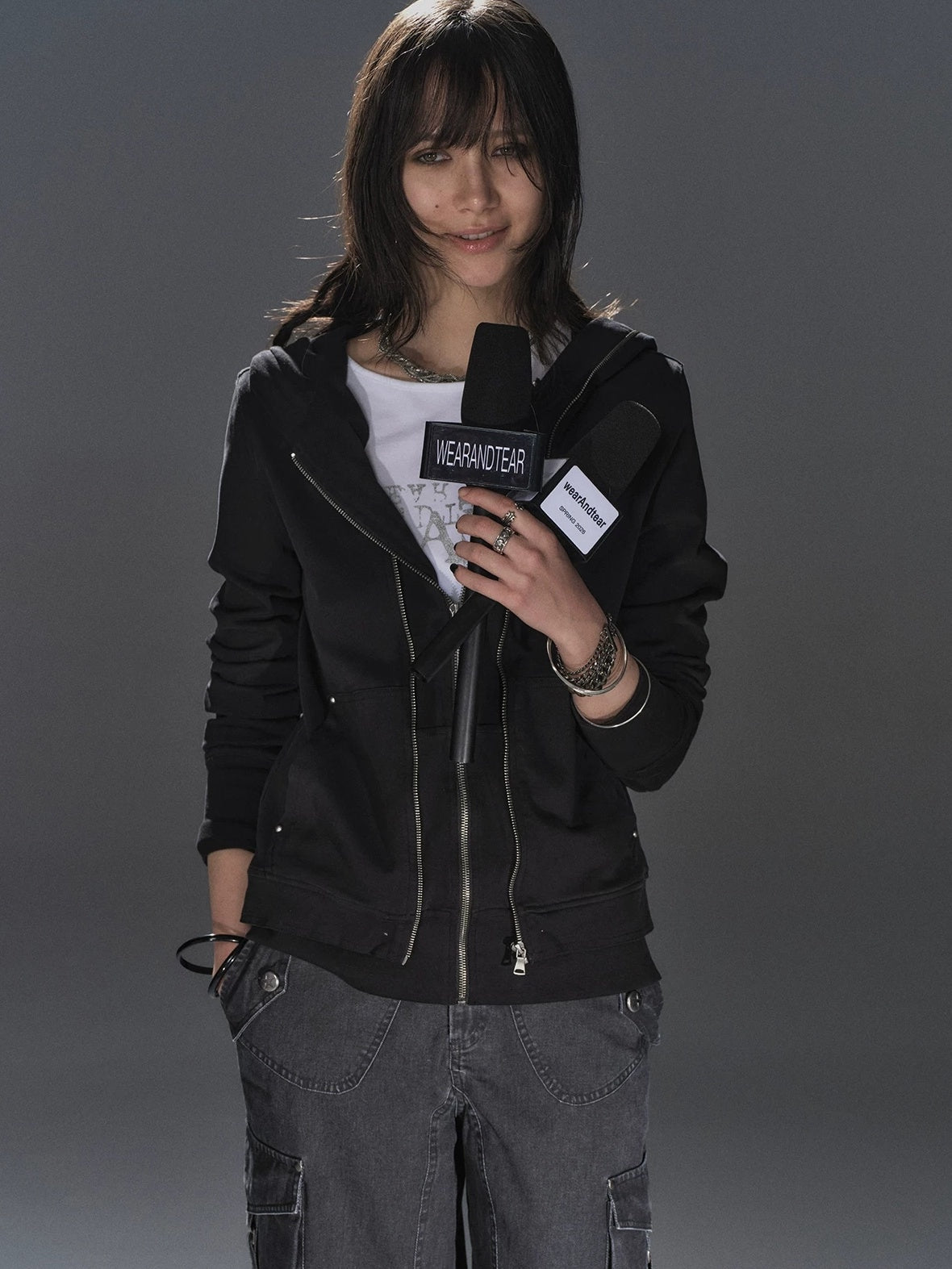 wear And tear Pure Cotton Lightweight Slim Zip Punk Studded Hooded Women Black Pocket Hoodies