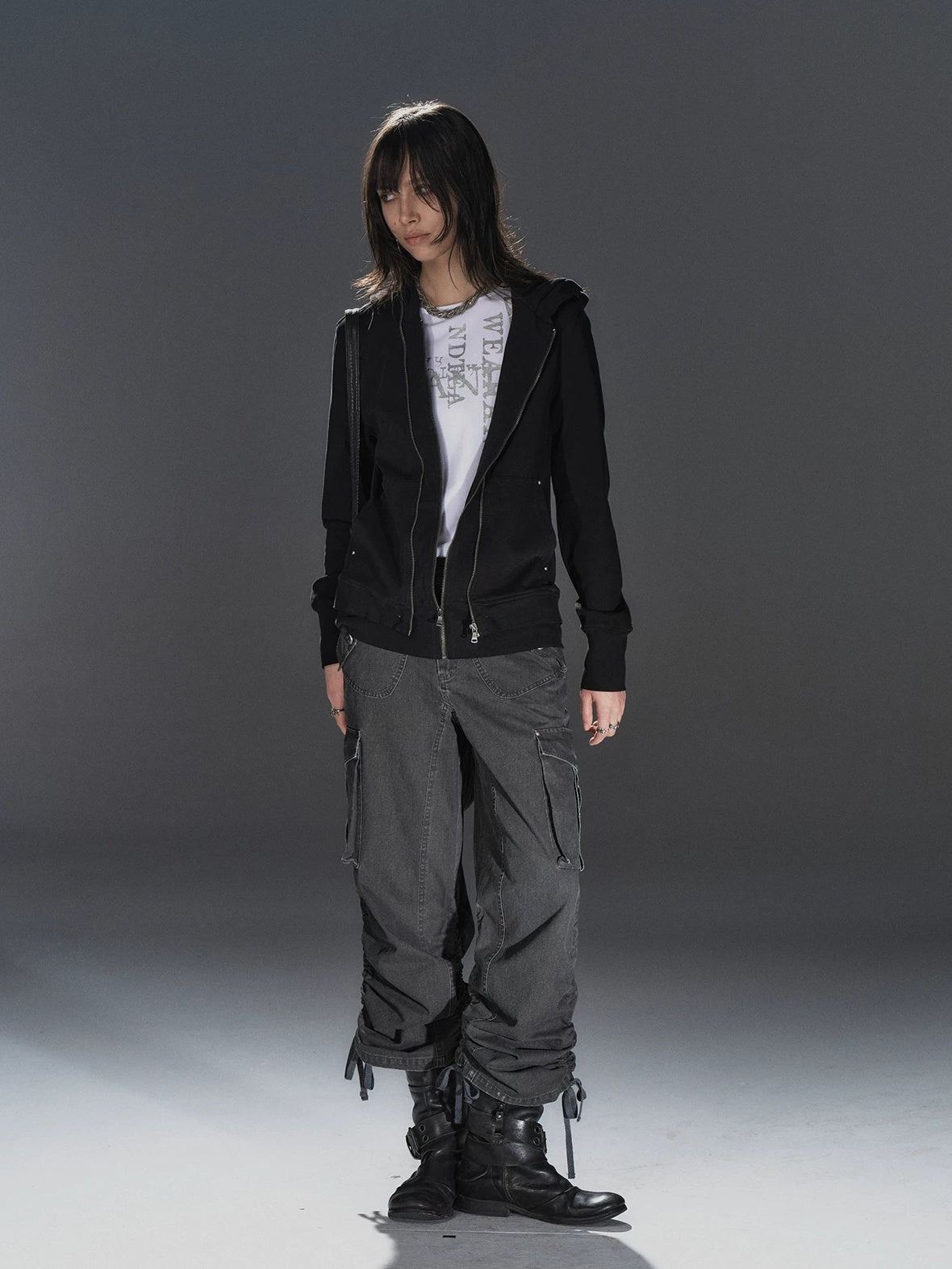 wear And tear Pure Cotton Lightweight Slim Zip Punk Studded Hooded Women Black Pocket Hoodies