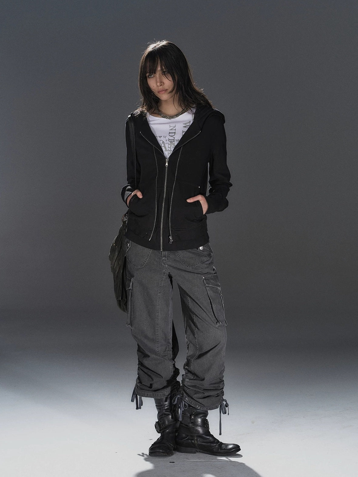 wear And tear Pure Cotton Lightweight Slim Zip Punk Studded Hooded Women Black Pocket Hoodies