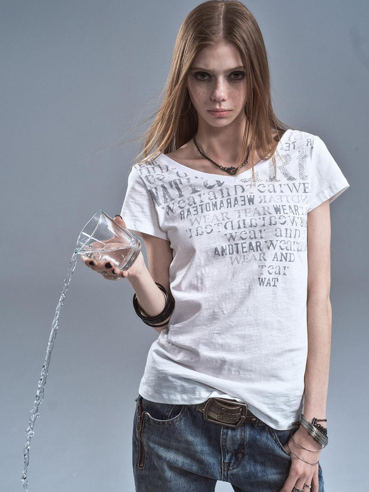 wear And tear Reversible Letter Print Slub Sheer Slim Women&