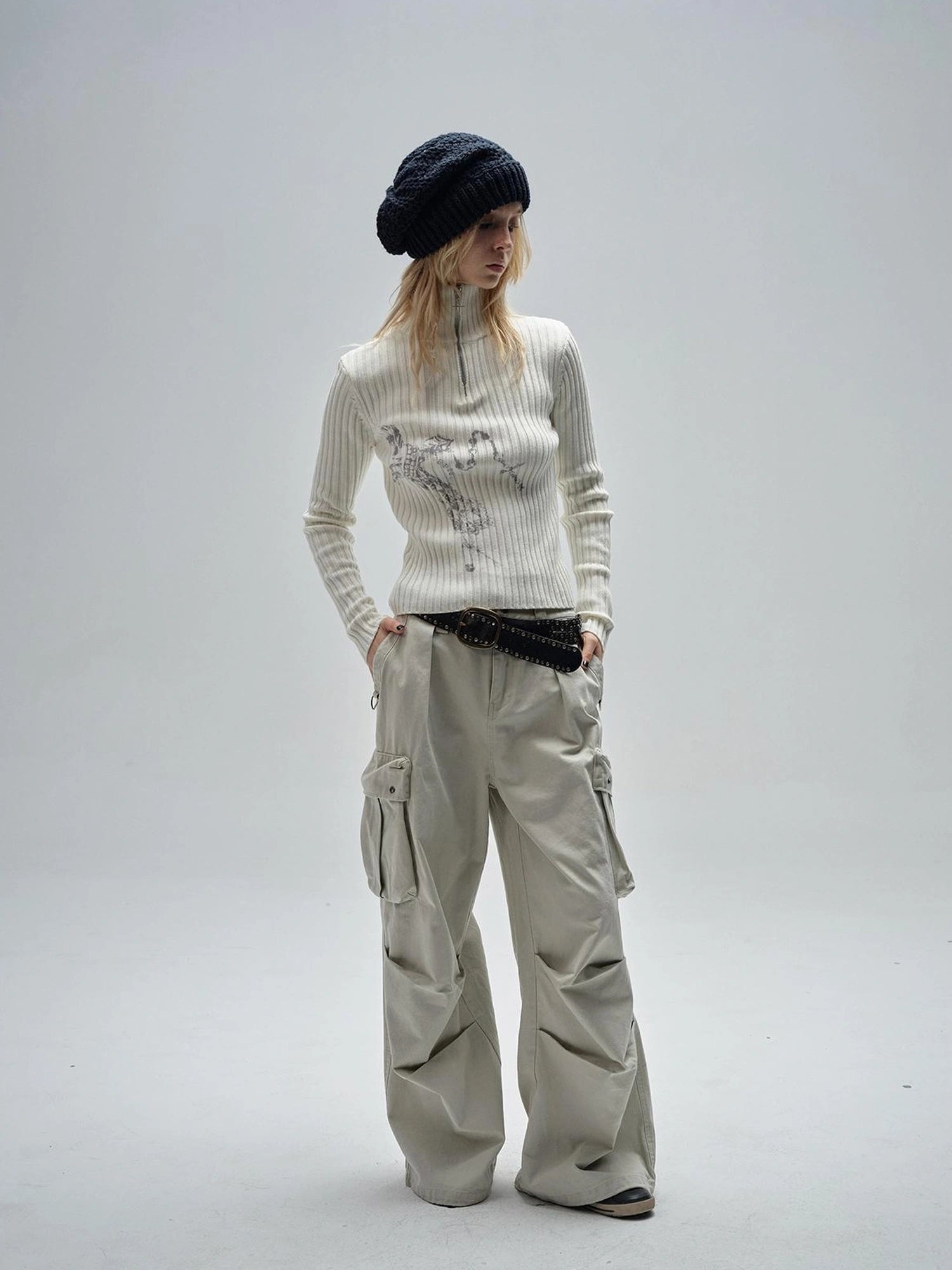wear And tear Ribbed White Punk Zip Neck Sweater