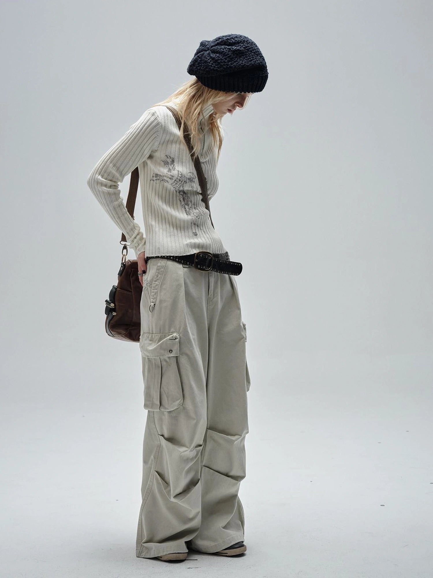 wear And tear Ribbed White Punk Zip Neck Sweater