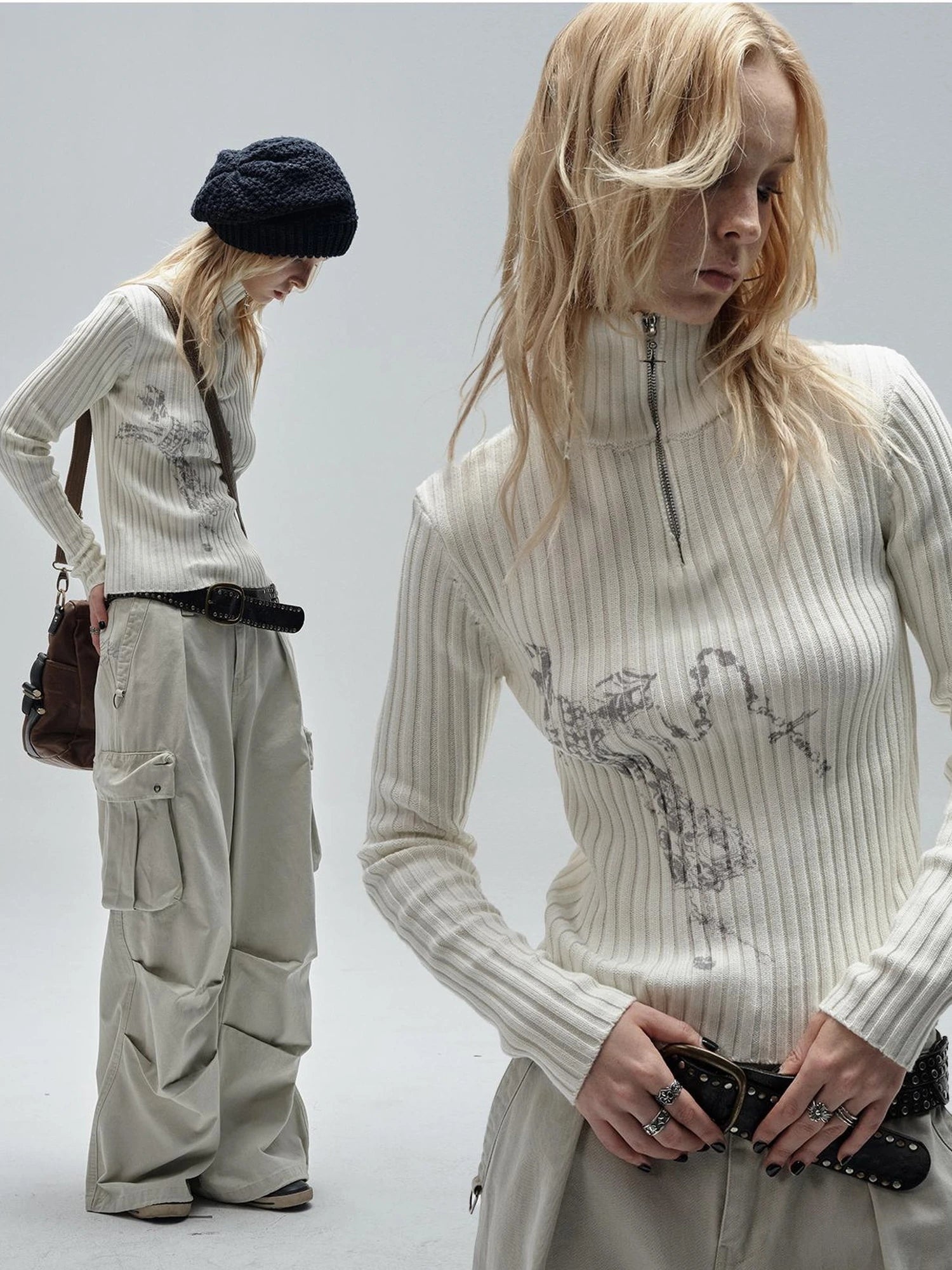 wear And tear Ribbed White Punk Zip Neck Sweater