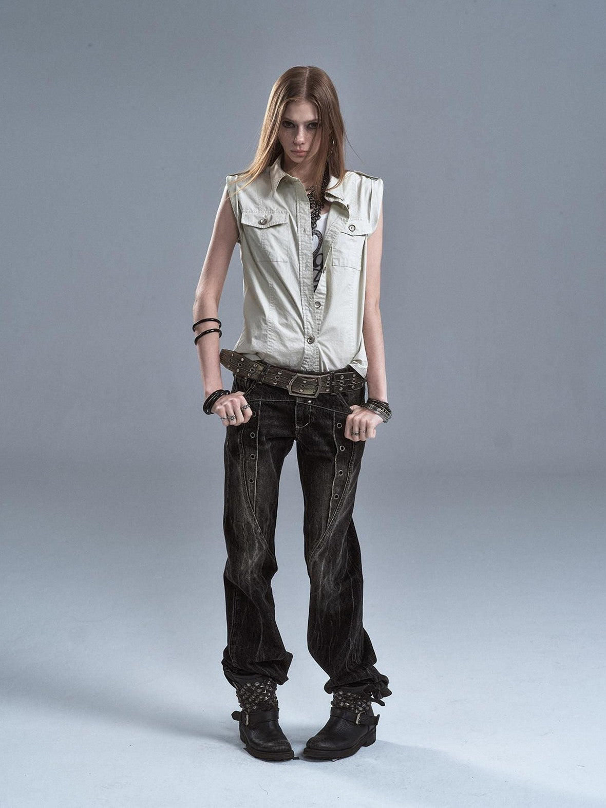 wear And tear Riveted Epaulet Back Split Double Pockets Washed Punk Women&