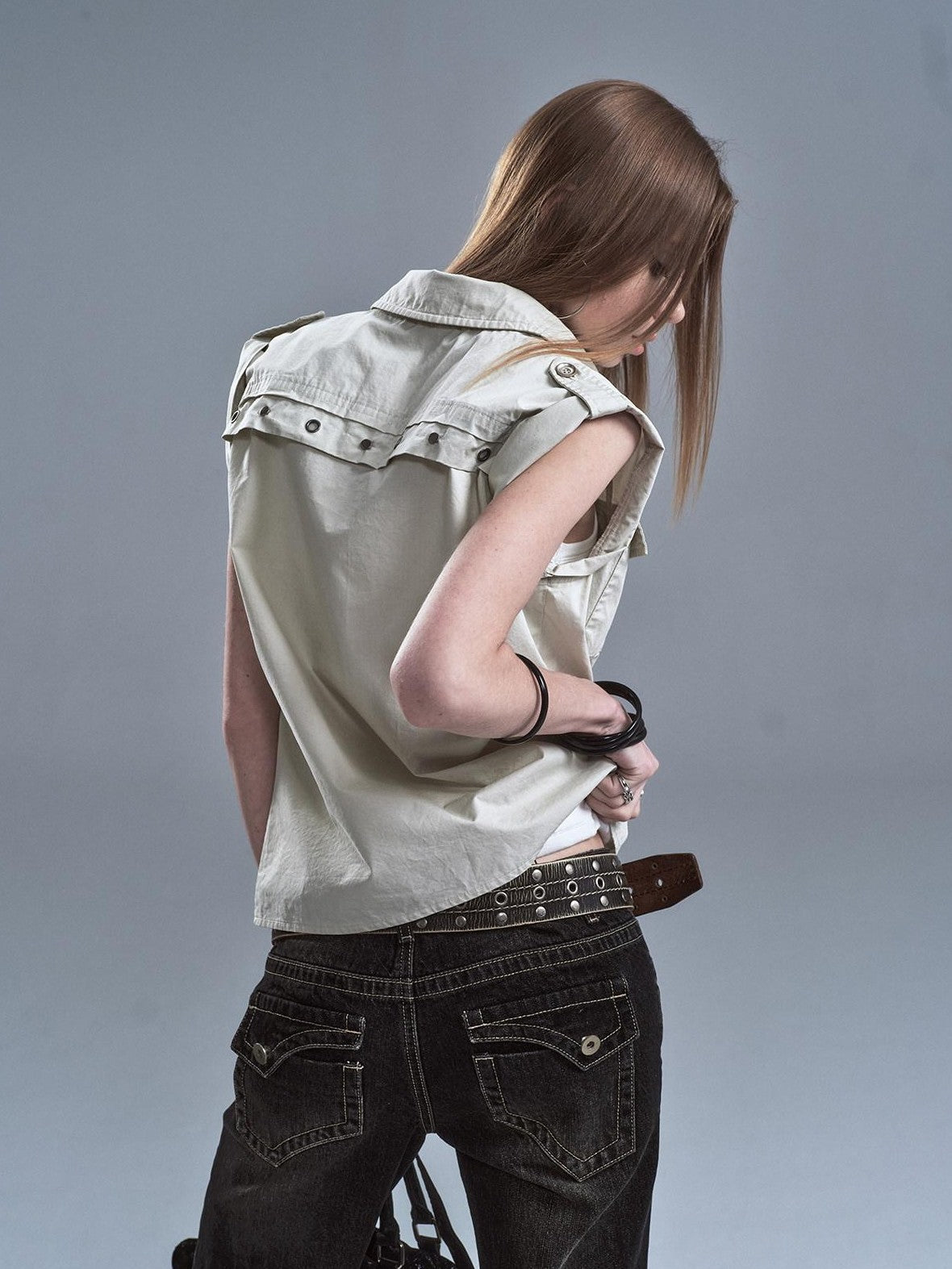 wear And tear Riveted Epaulet Back Split Double Pockets Washed Punk Women&