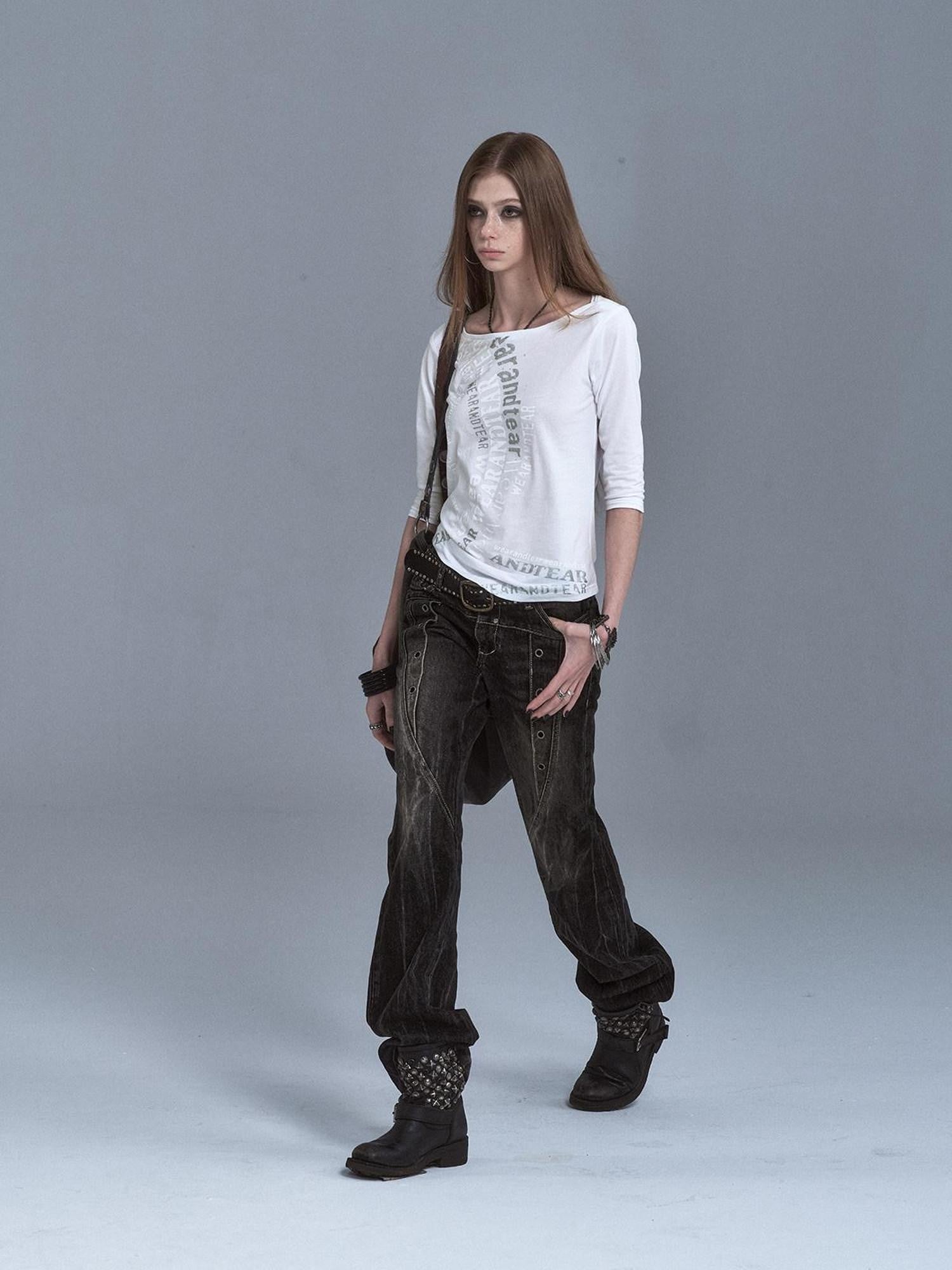 wear And tear Sheer Silver Foil Letter Print Boat Neck Women&
