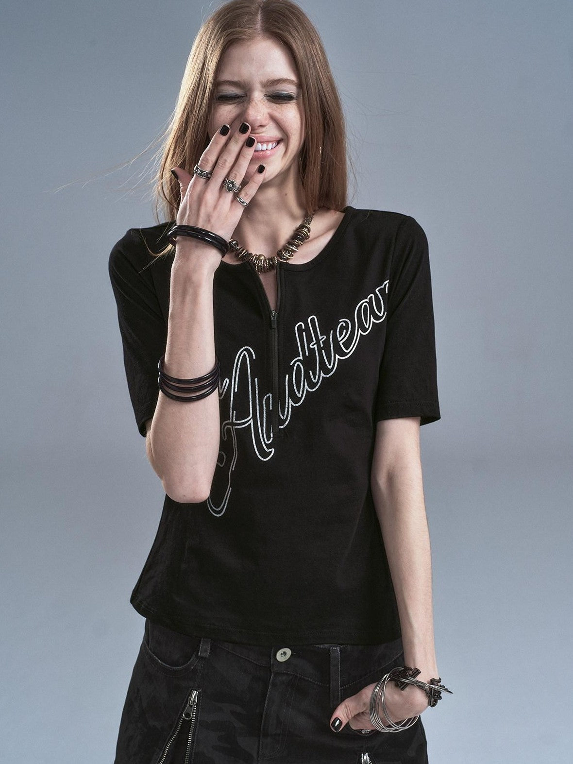 wear And tear Silver Letter Print Half Zip Punk Slim Women&