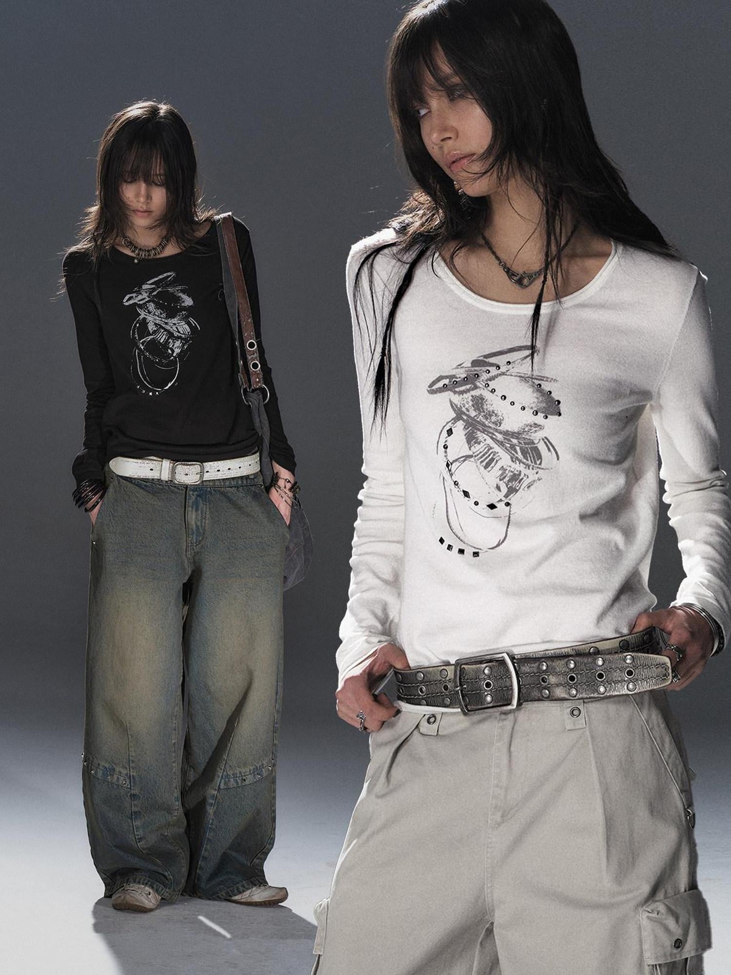 wear And tear Soft Punk Studded Printed Women Slim Long Sleeve Cotton Crew Neck T-Shirt