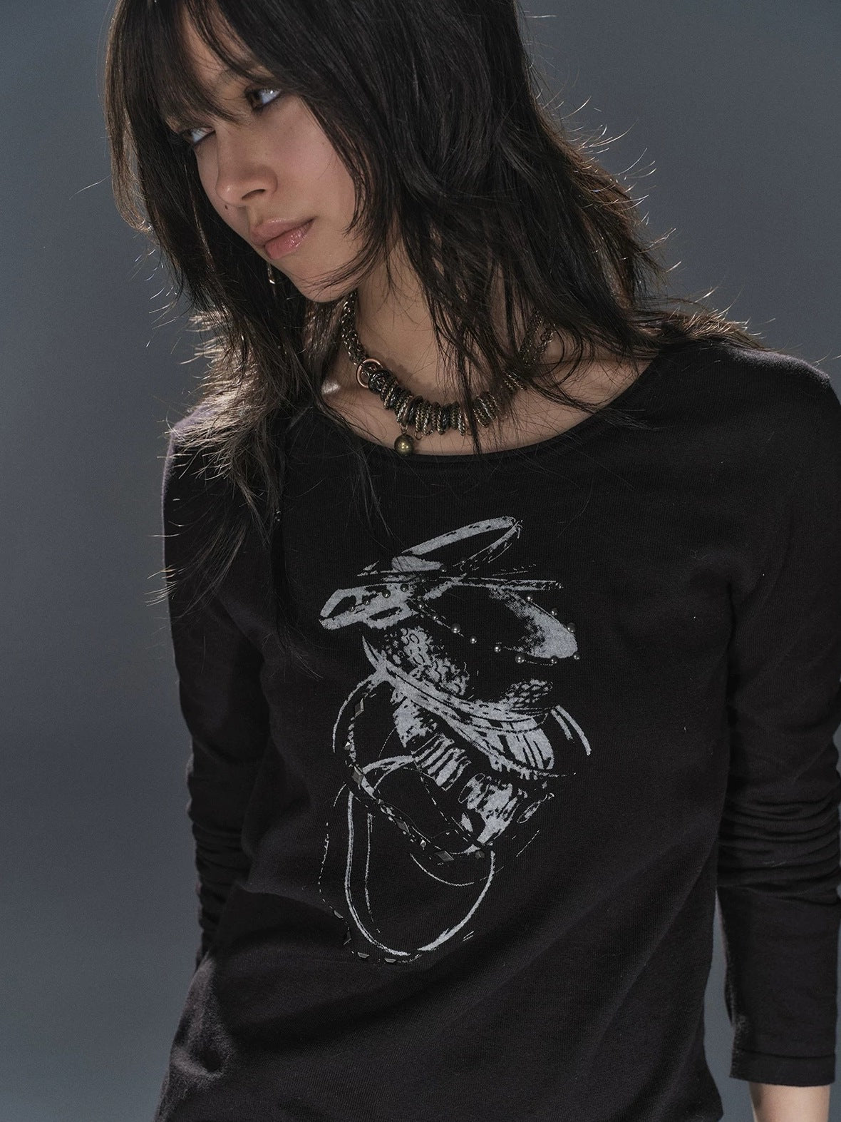 wear And tear Soft Punk Studded Printed Women Slim Long Sleeve Cotton Crew Neck T-Shirt