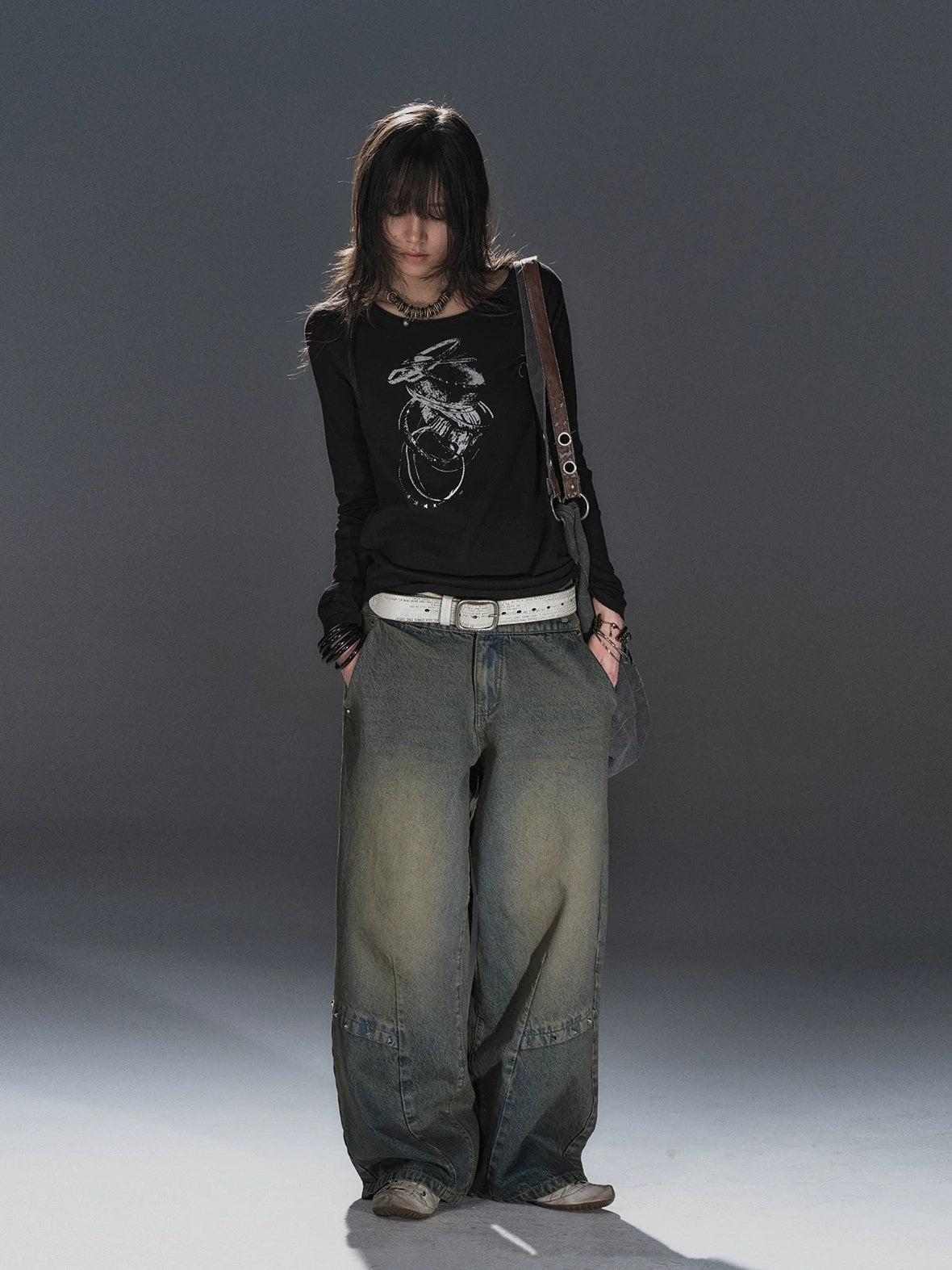 wear And tear Soft Punk Studded Printed Women Slim Long Sleeve Cotton Crew Neck T-Shirt