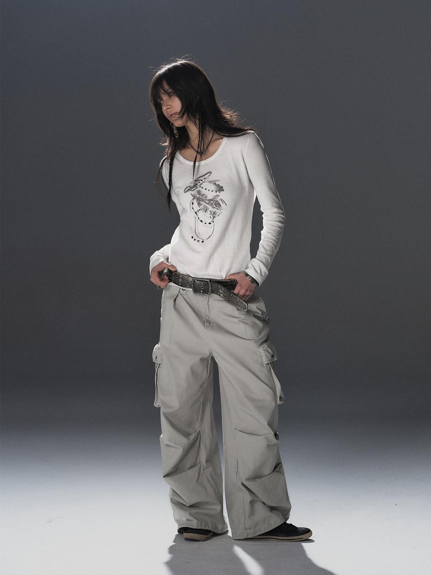 wear And tear Soft Punk Studded Printed Women Slim Long Sleeve Cotton Crew Neck T-Shirt