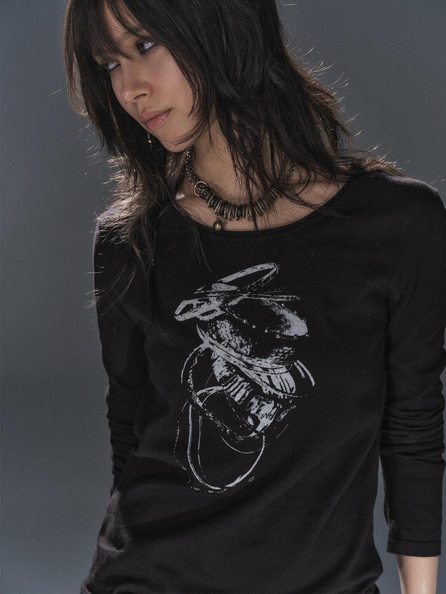 wear And tear Soft Punk Studded Printed Women Slim Long Sleeve Cotton Crew Neck T-Shirt