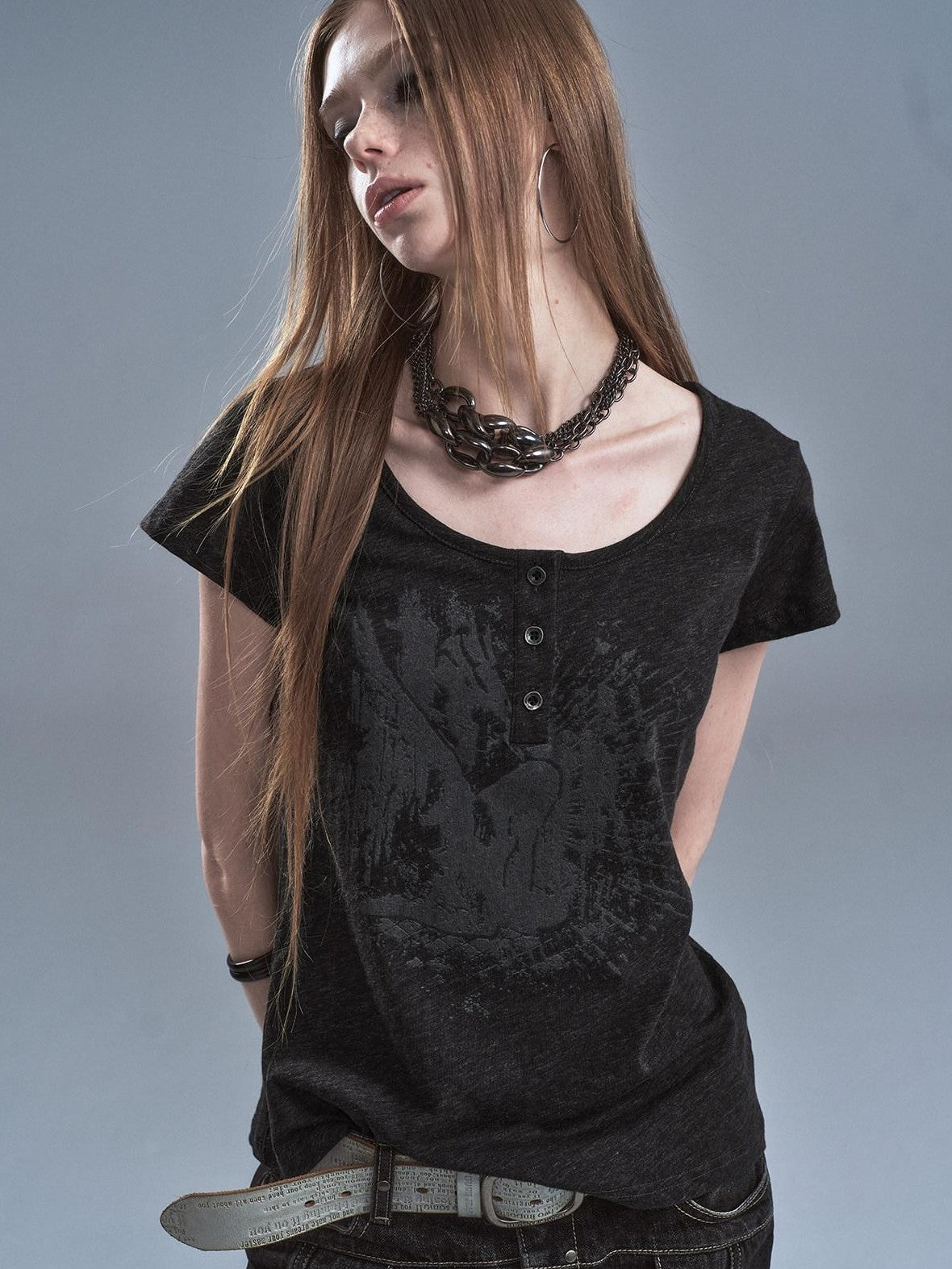 wear And tear Speckled Gray Printed Henley Placket Slim Women&