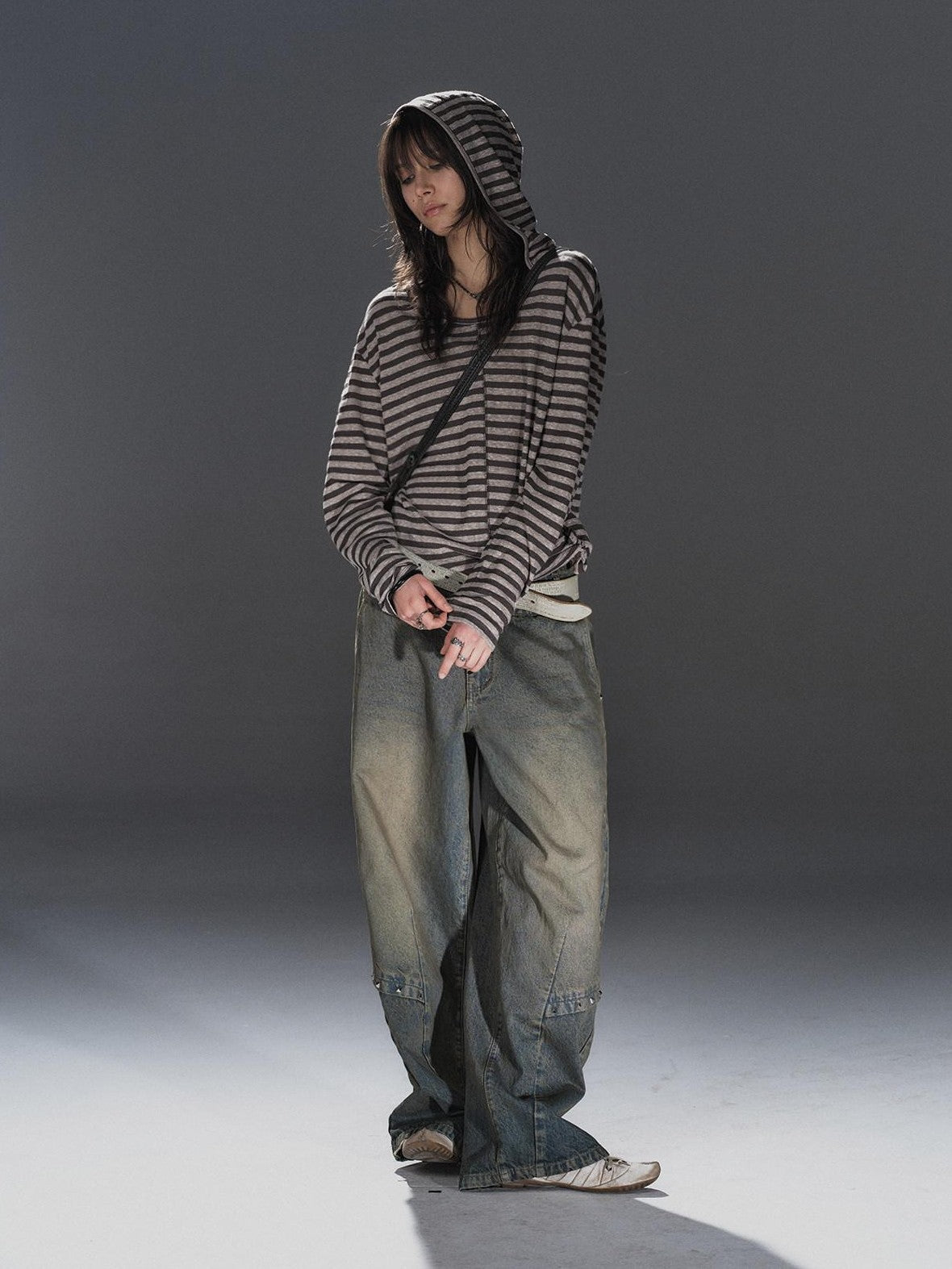 wear And tear Striped Hooded Drawstring Split Punk Women&