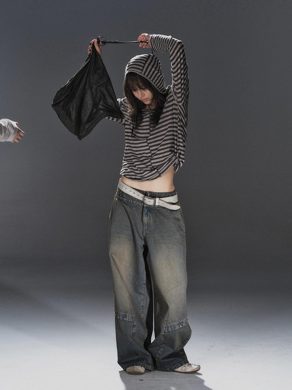 wear And tear Striped Hooded Drawstring Split Punk Women&