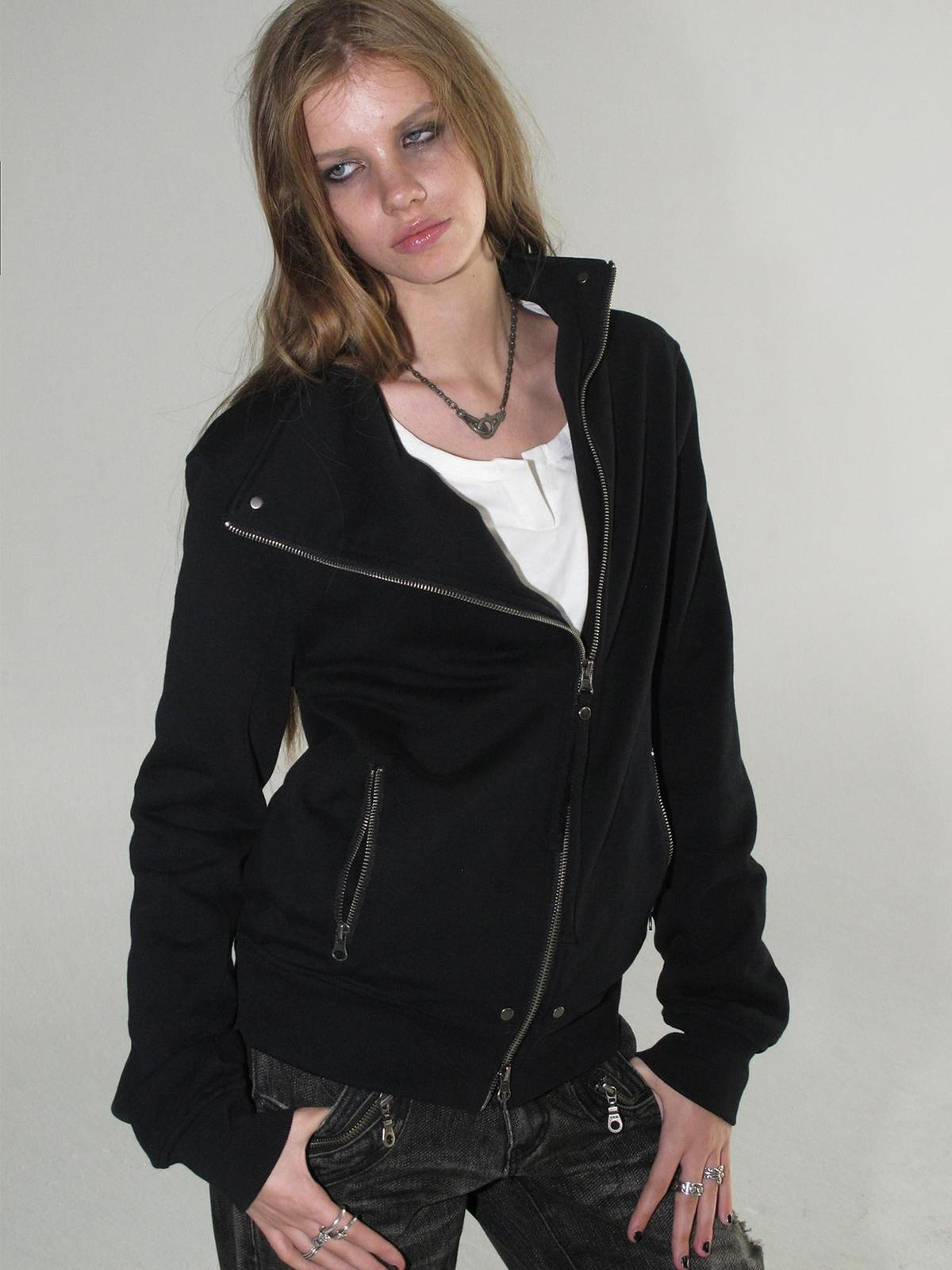 wear And tear Studded Zip Asymmetric Funnel Neck Thick Cotton Women&