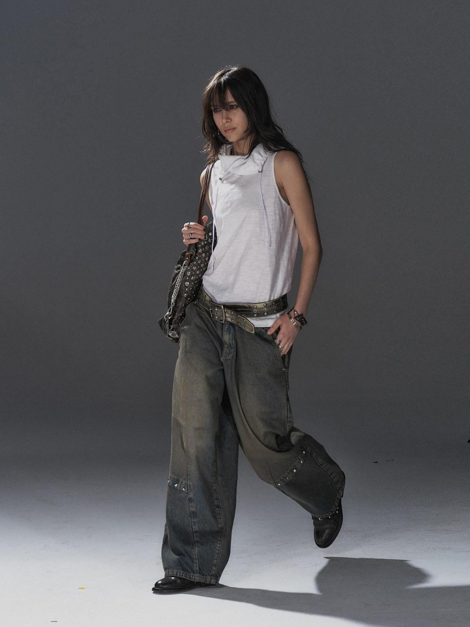 wear And tear Textured Adjustable Drawstring Neck Back Button H Shape Women&