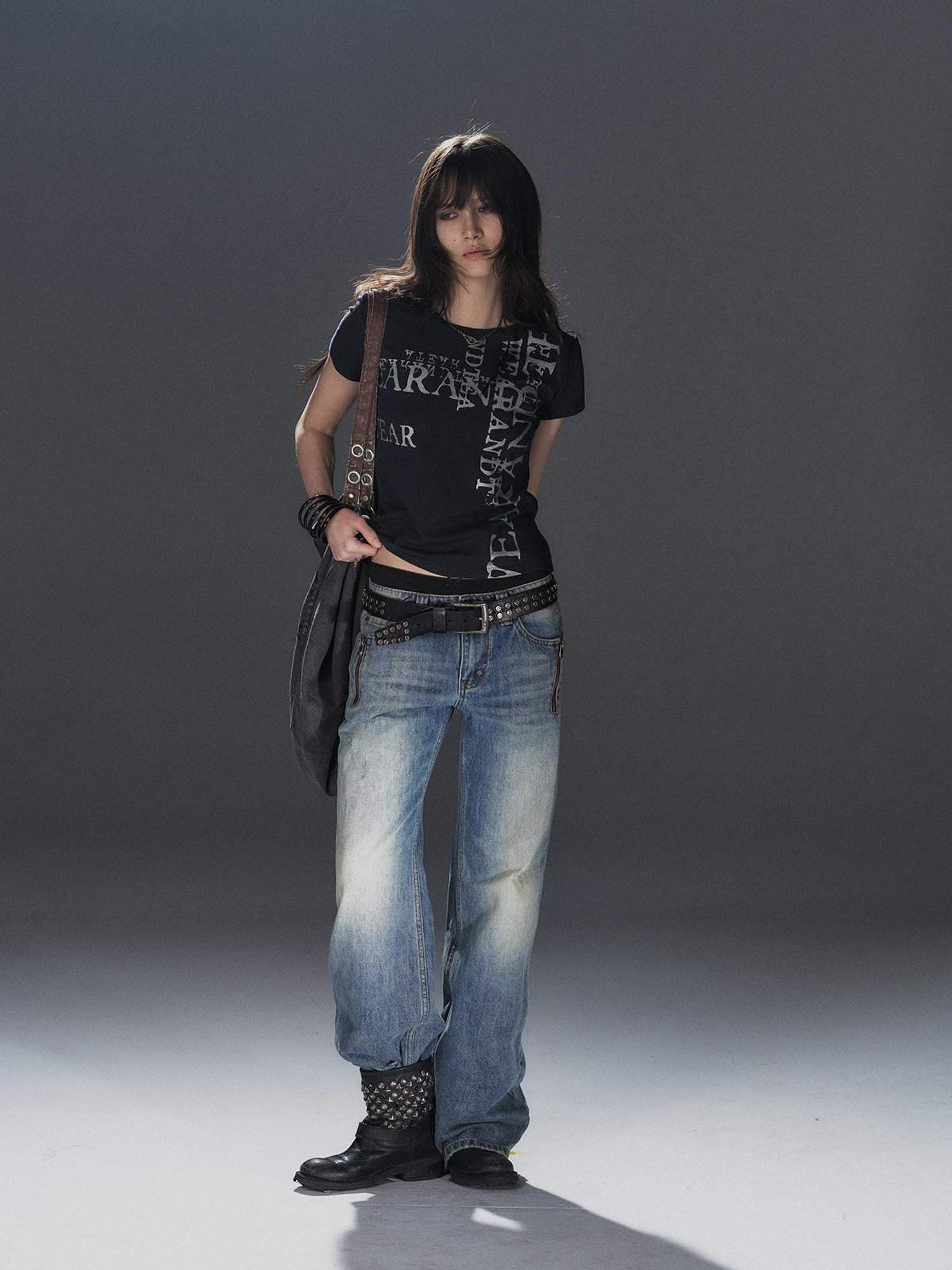 wear And tear Tricolor Silver Punk Garbled Letter Print Women&
