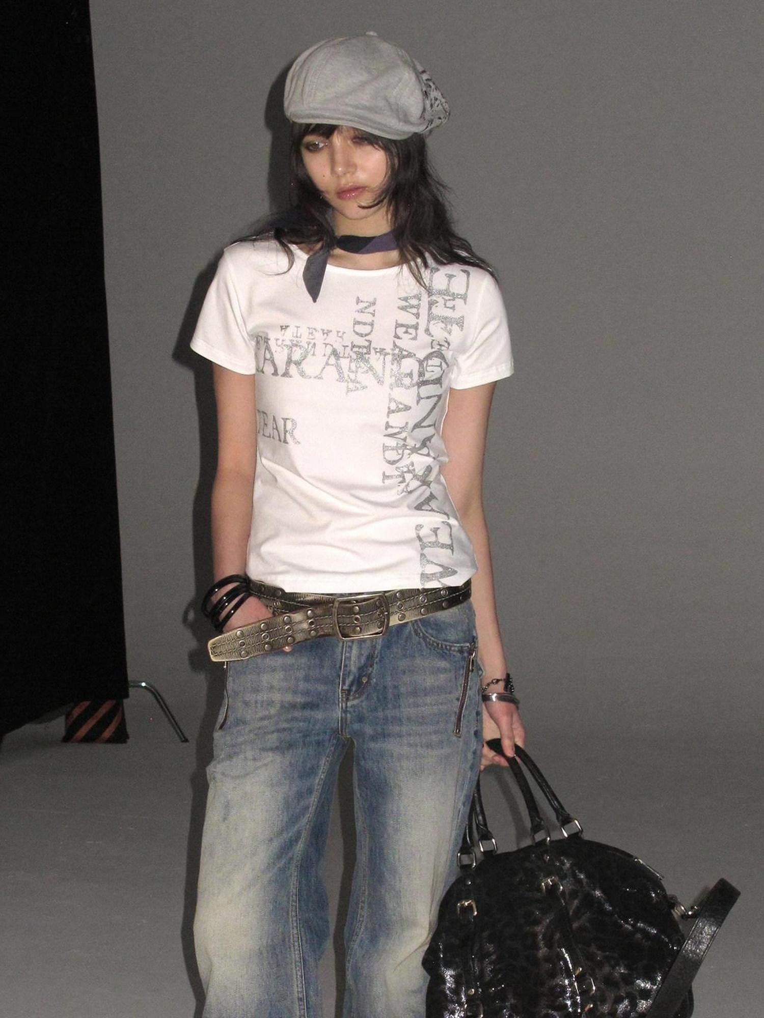 wear And tear Tricolor Silver Punk Garbled Letter Print Women&