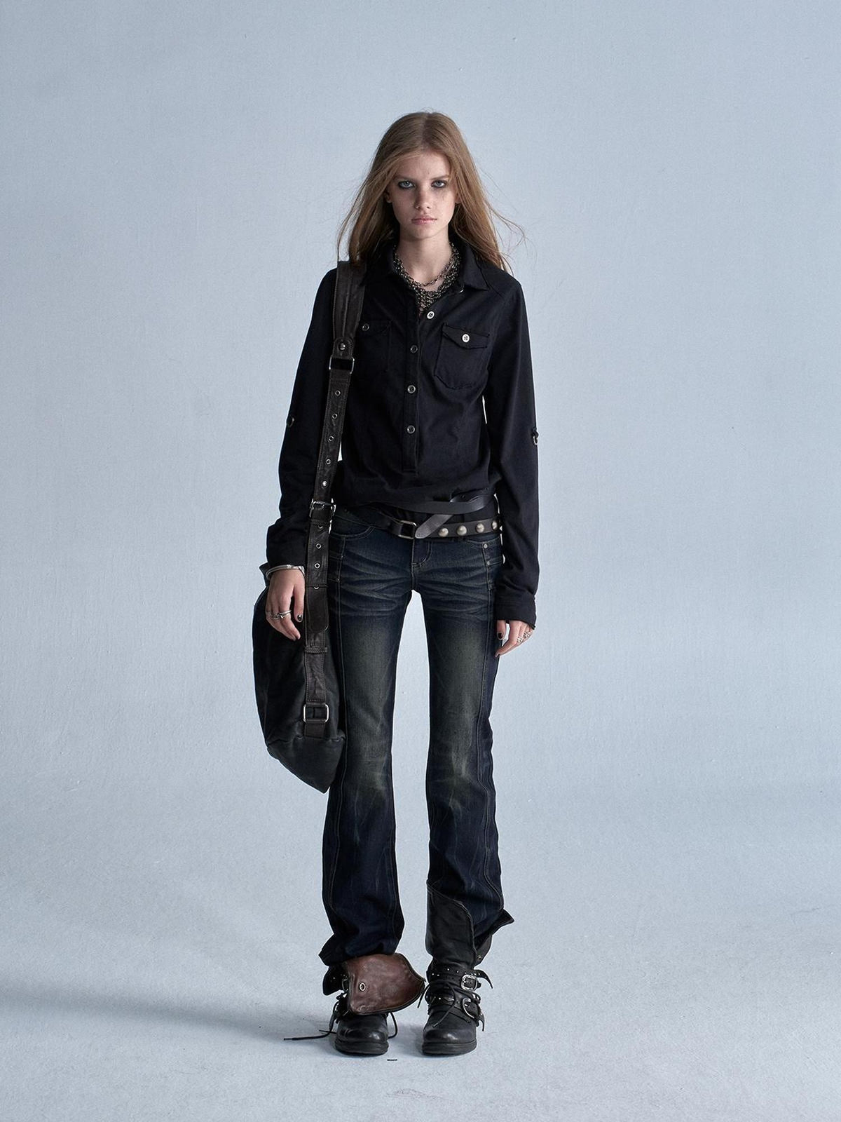 wear And tear Two Tone Raw Hem Half Placket Washed Adjustable Cuff Metal Button Women&