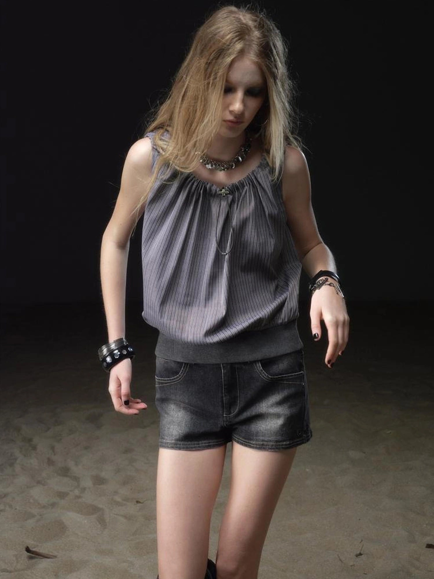 wear And tear Two Way Drawstring Ribbed Hem Stripe V-neck T-shirt Long Sleeve