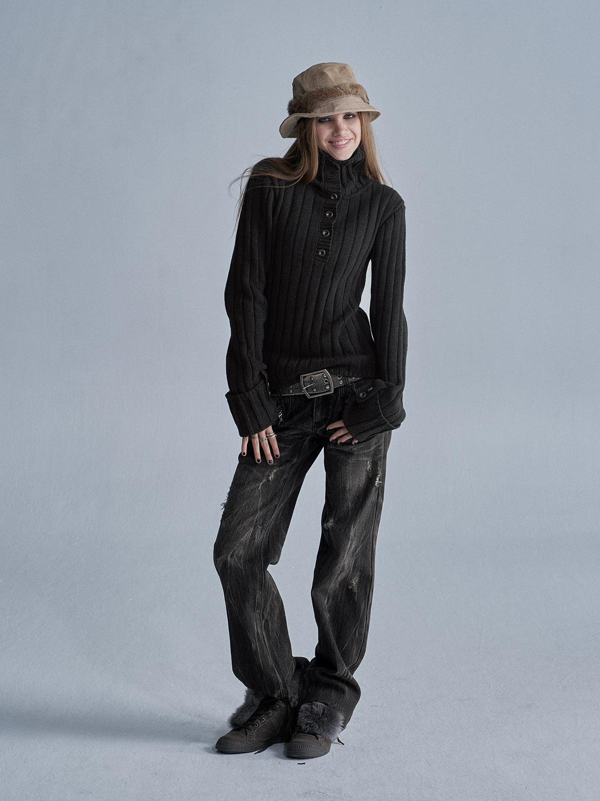 wear And tear Two Way Stacked Turtleneck Ribbed Faux Layered Folded Cuff Slim Fit Women&