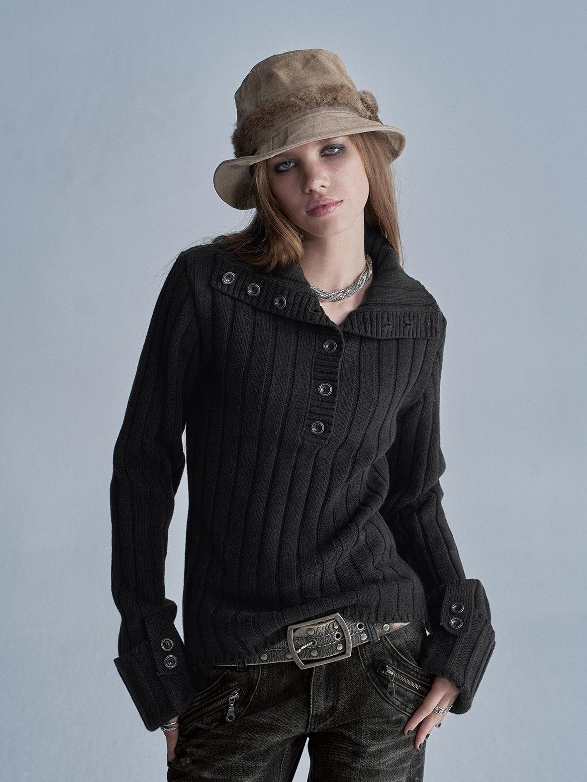 wear And tear Two Way Stacked Turtleneck Ribbed Faux Layered Folded Cuff Slim Fit Women&