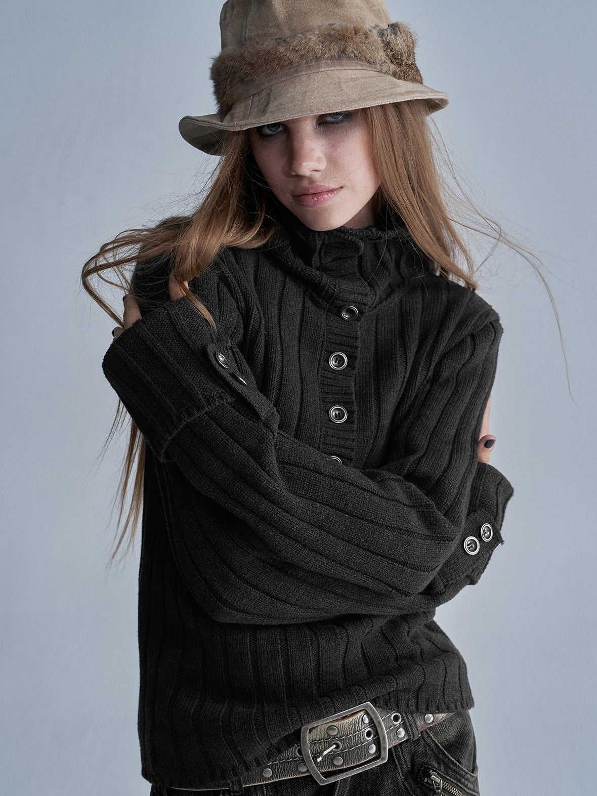 wear And tear Two Way Stacked Turtleneck Ribbed Faux Layered Folded Cuff Slim Fit Women&