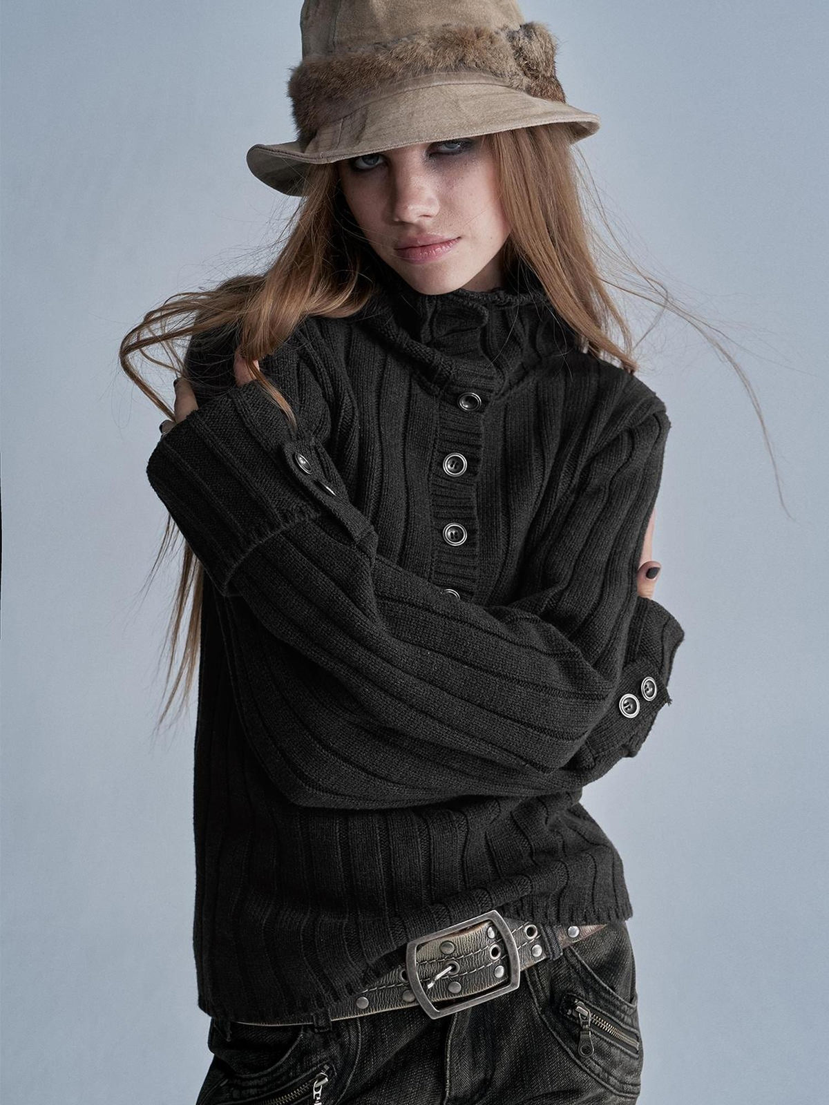 wear And tear Two Way Stacked Turtleneck Ribbed Faux Layered Folded Cuff Slim Fit Women&