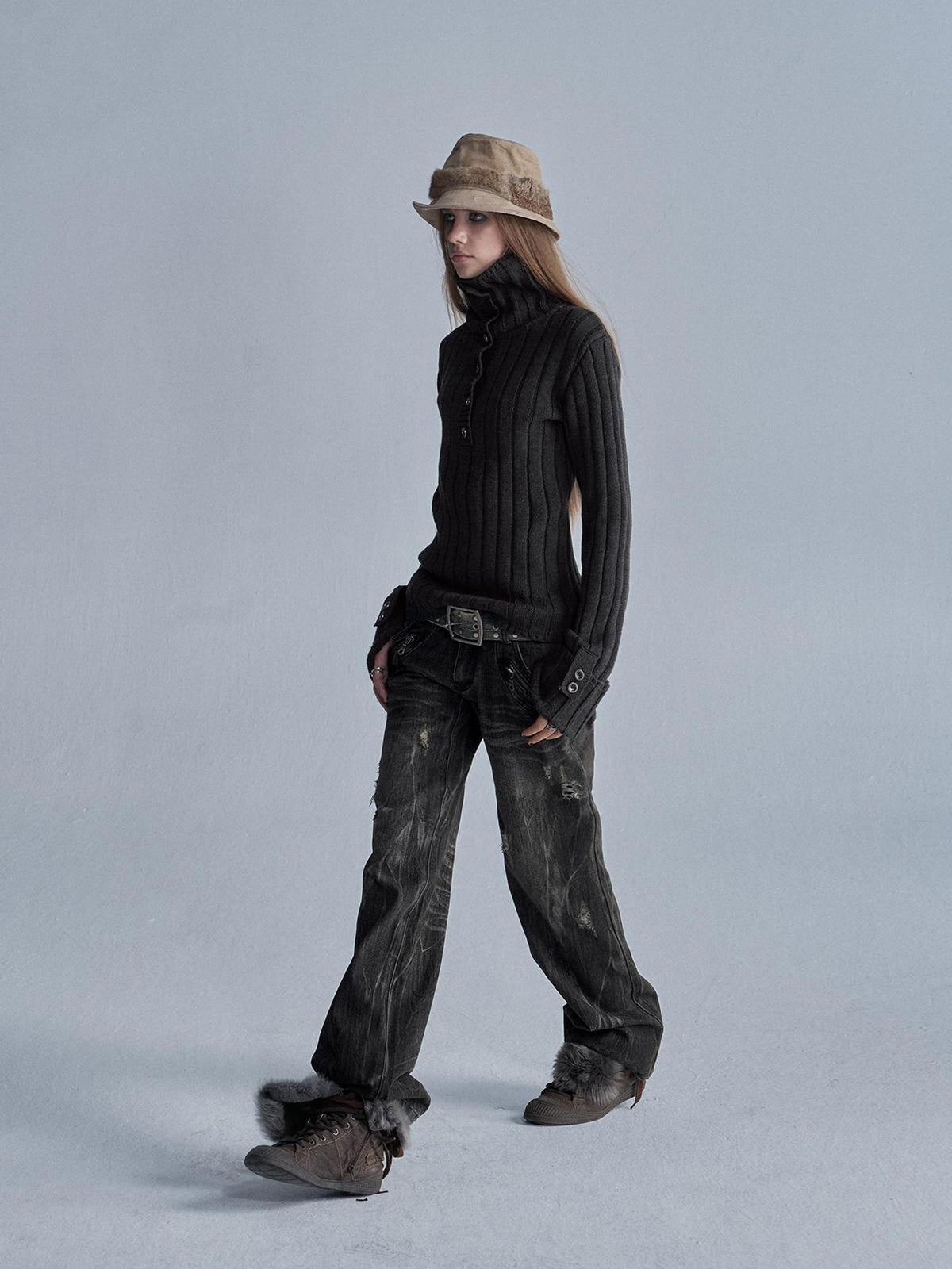 wear And tear Two Way Stacked Turtleneck Ribbed Faux Layered Folded Cuff Slim Fit Women&