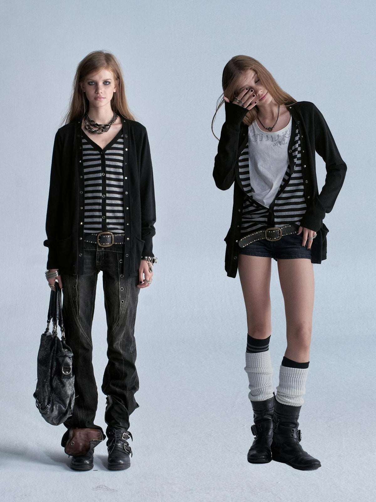 wear And tear V-neck Faux Two Piece Striped Studded Punk Women&