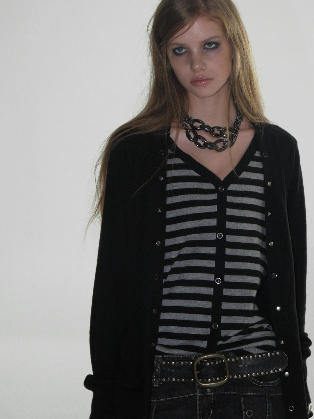 wear And tear V-neck Faux Two Piece Striped Studded Punk Women&