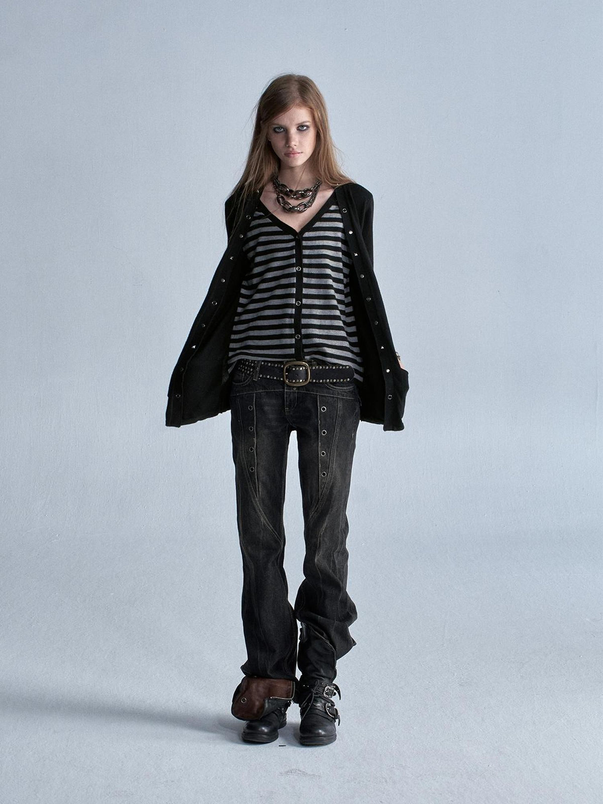 wear And tear V-neck Faux Two Piece Striped Studded Punk Women&