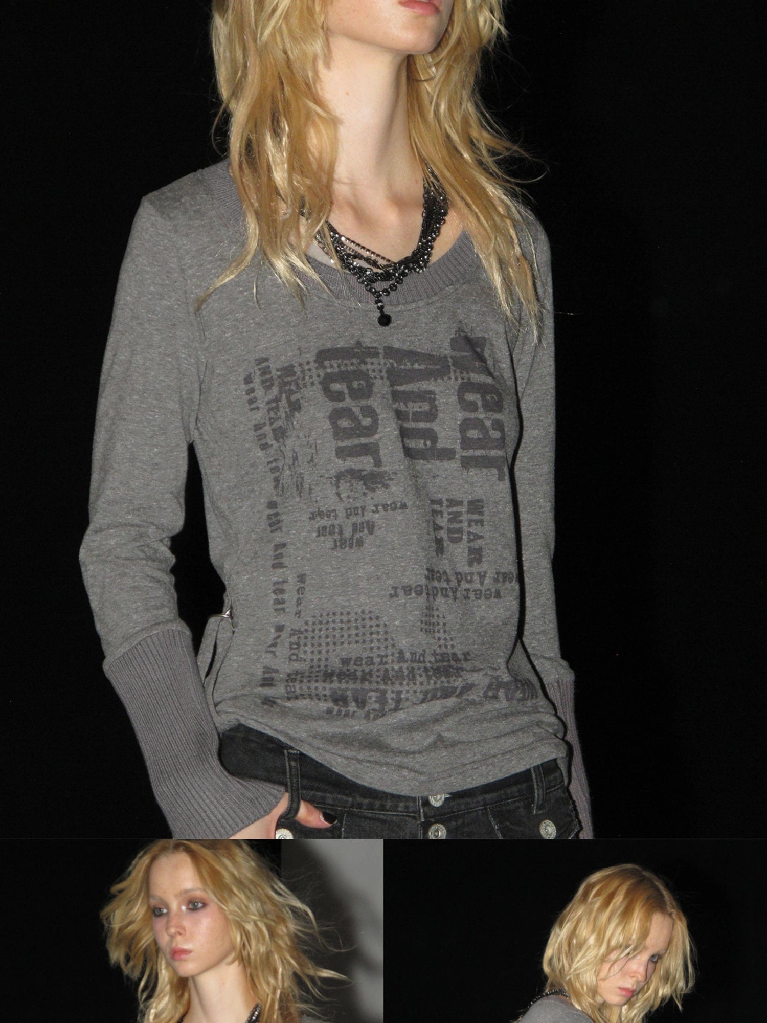 wear And tear V-neck Punk Print Sweatshirt With Drawstring Hem