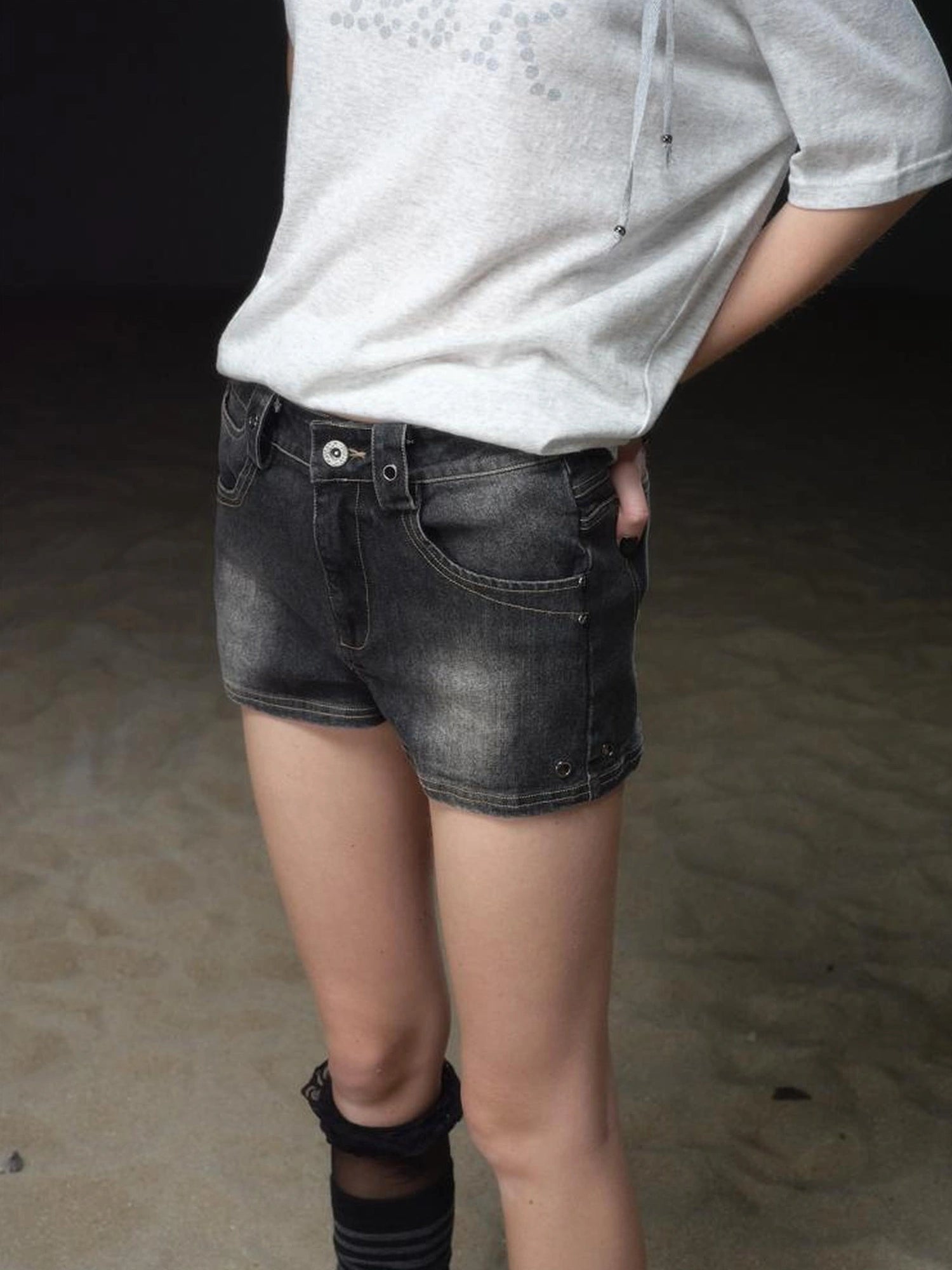 wear And tear Vintage Black Washed Stretch Denim Shorts
