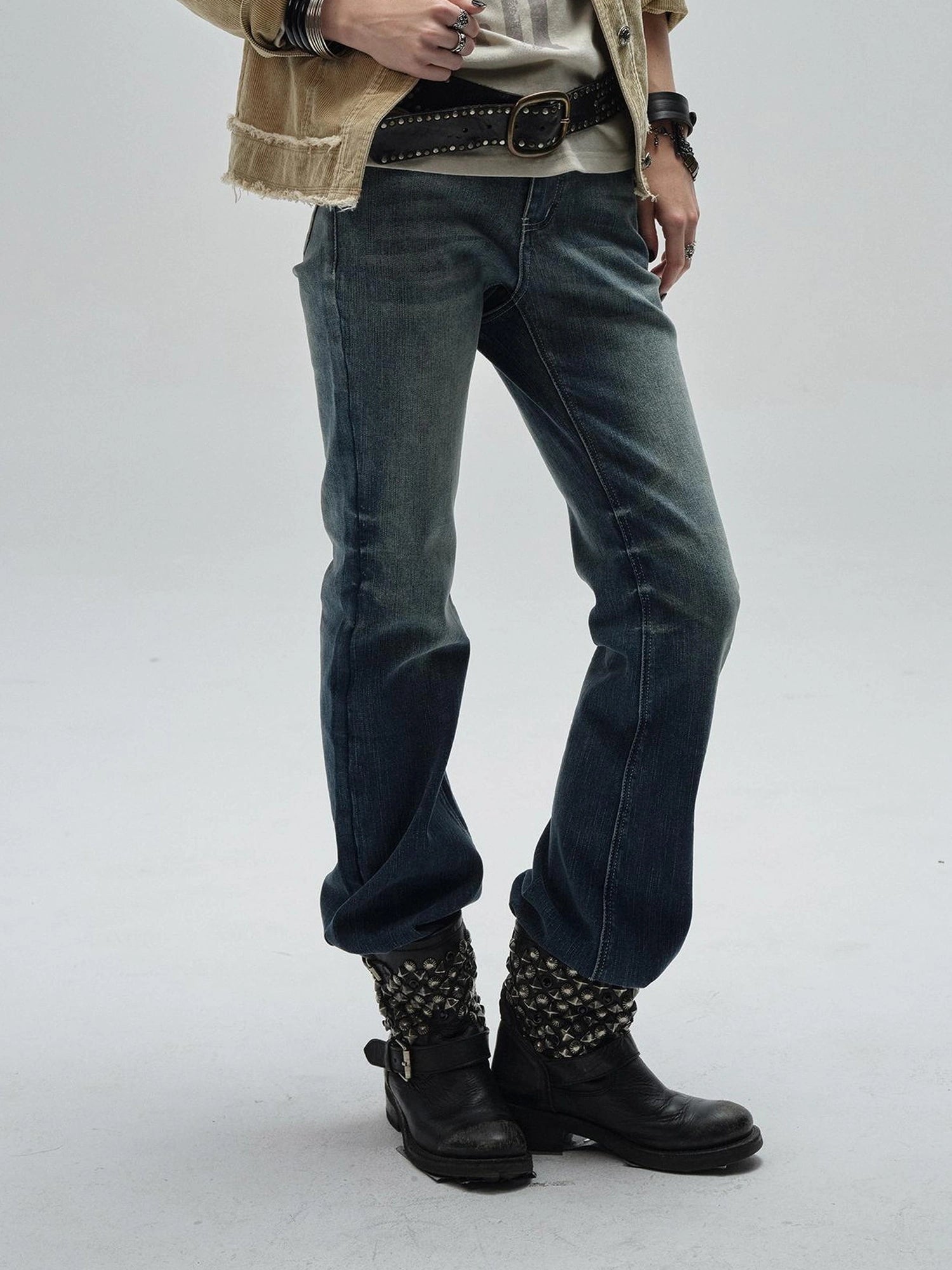 wear And tear Vintage Blue Washed Stretch Flared Jeans