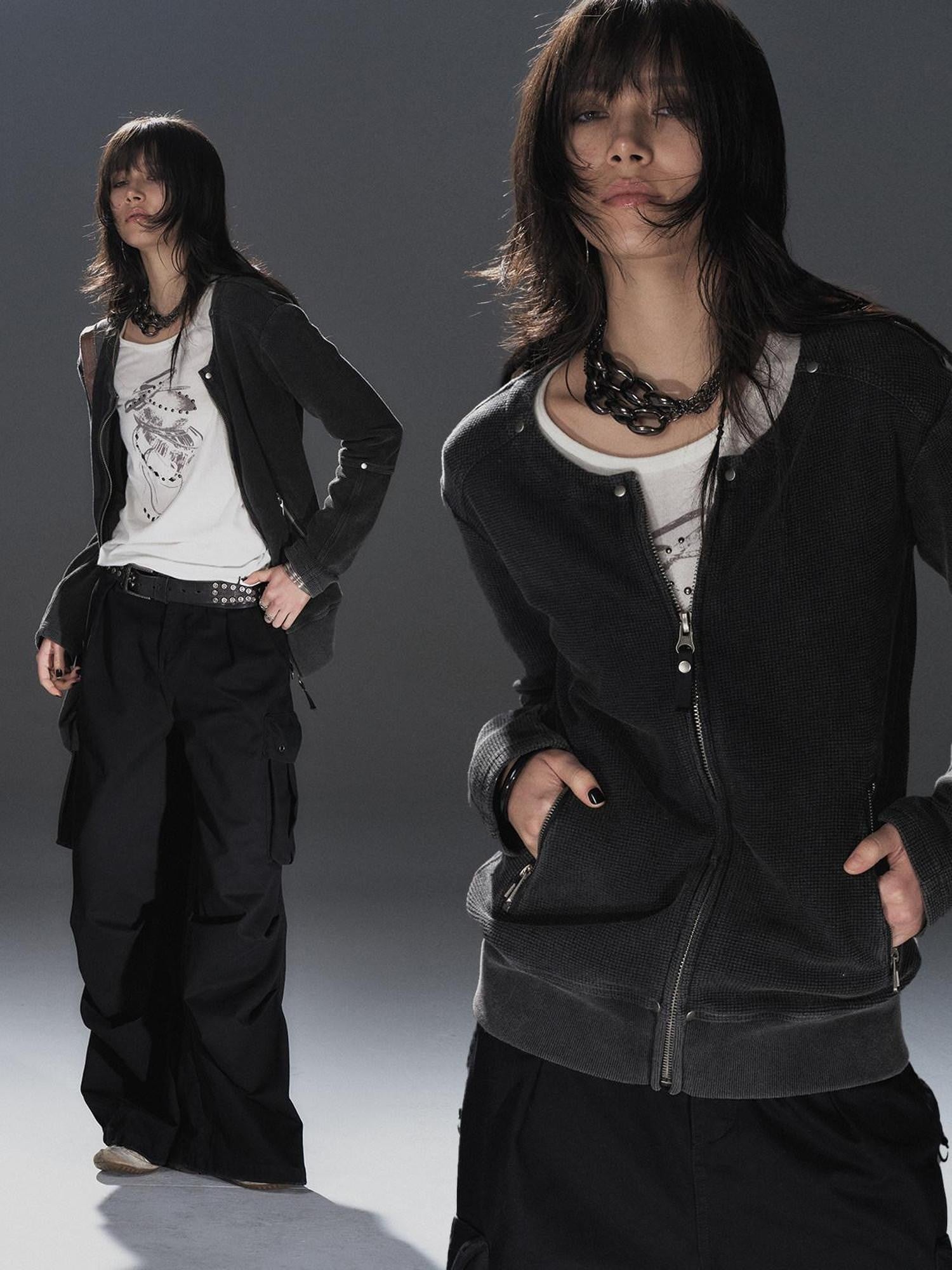 wear And tear Waffle Knit Studded Distressed Punk Loose Women&