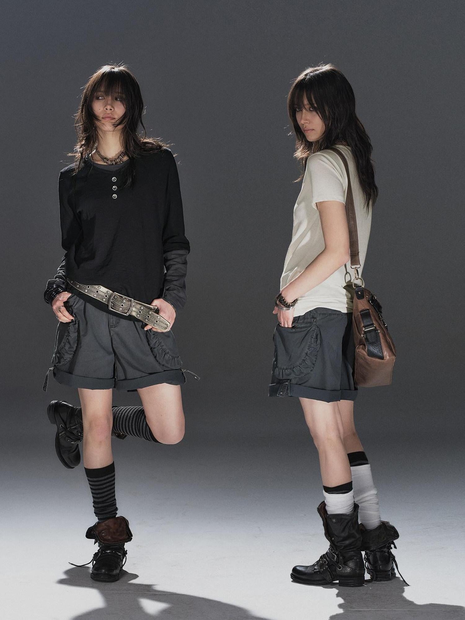 wear And tear Washed Gray Pleated Adjustable Cuff Cargo Rivet Women&