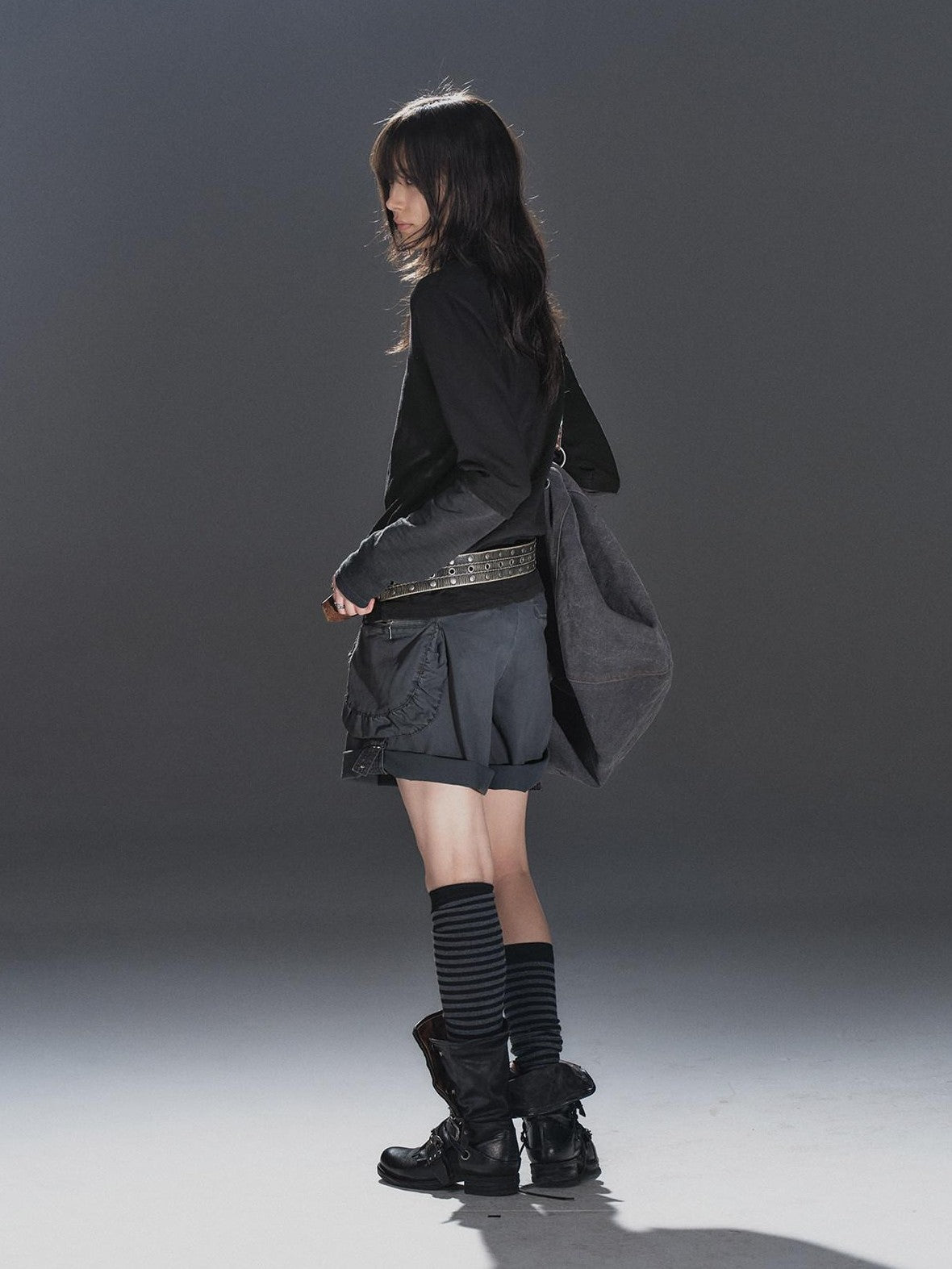 wear And tear Washed Gray Pleated Adjustable Cuff Cargo Rivet Women&