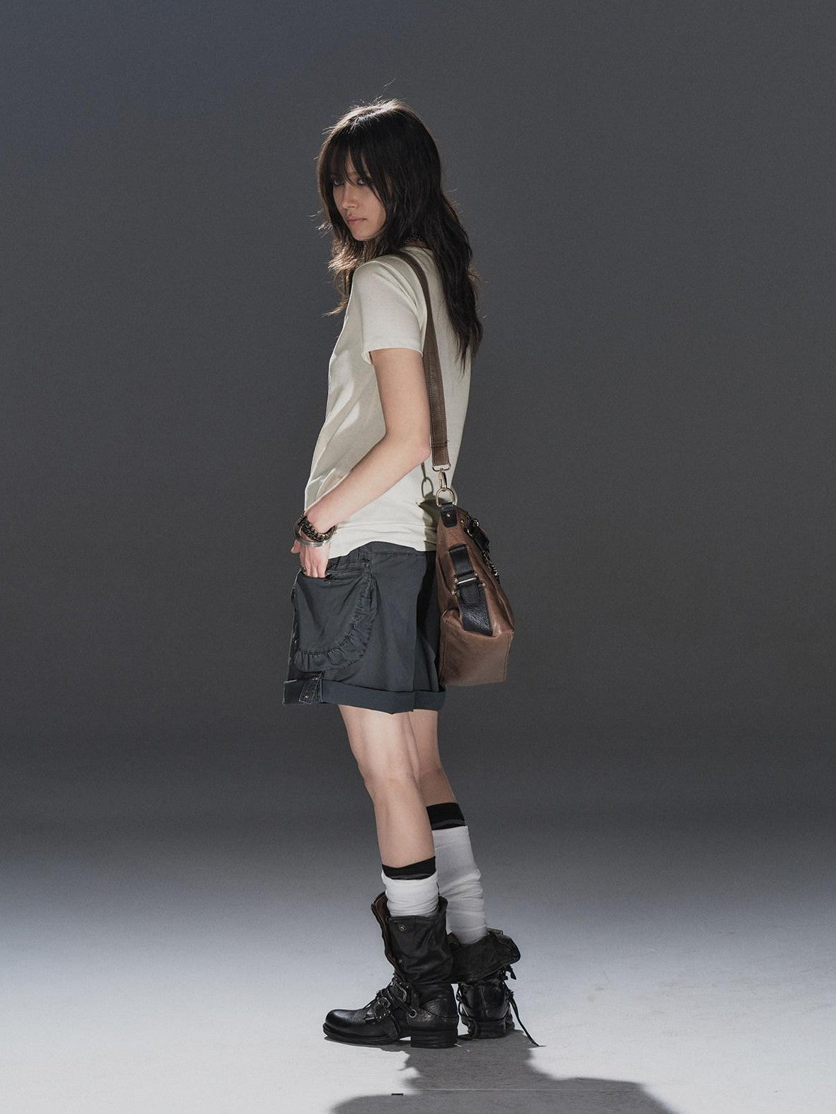 wear And tear Washed Gray Pleated Adjustable Cuff Cargo Rivet Women&