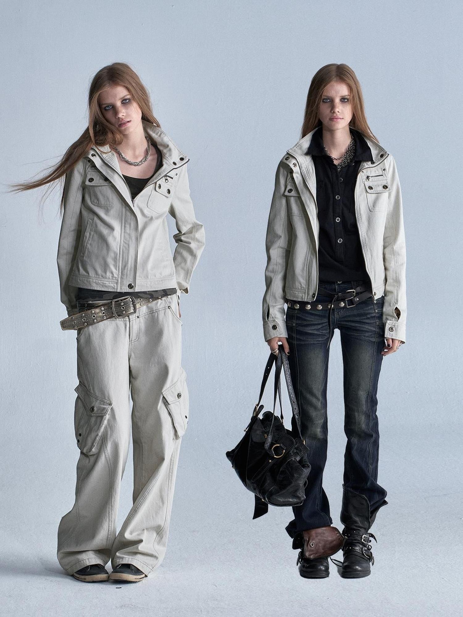 wear And tear Washed Gray Stand Collar Multi Pocket Rivet Zipper Women&