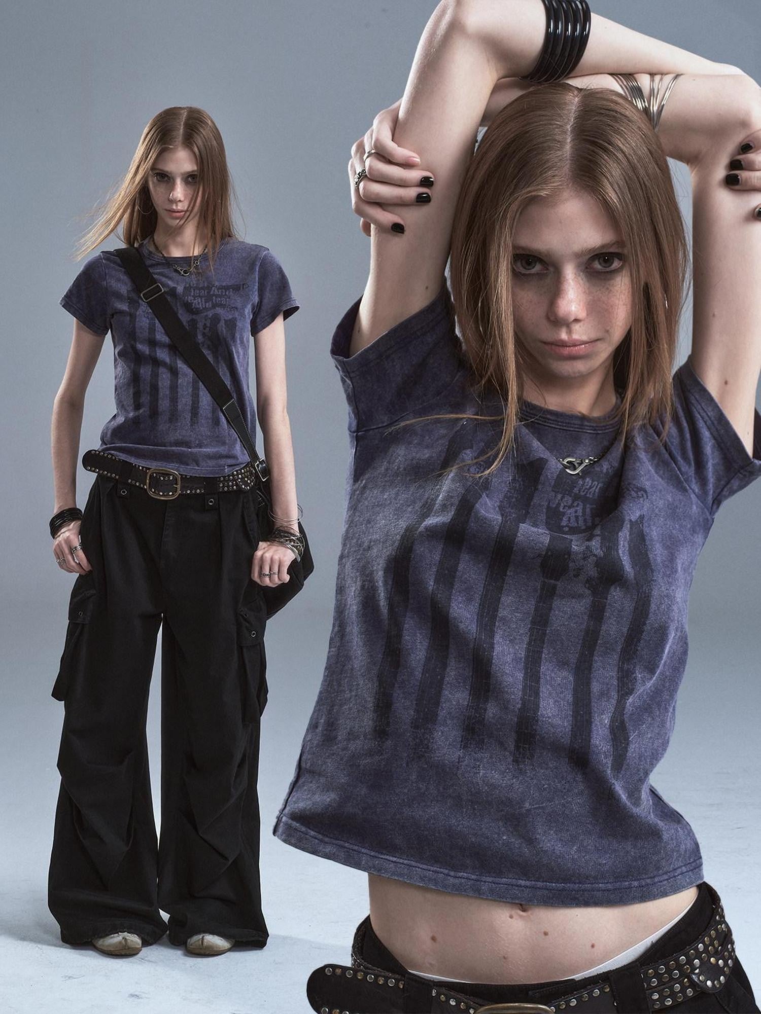 wear And tear Washed Purple Distressed Print Frayed Hem Women&