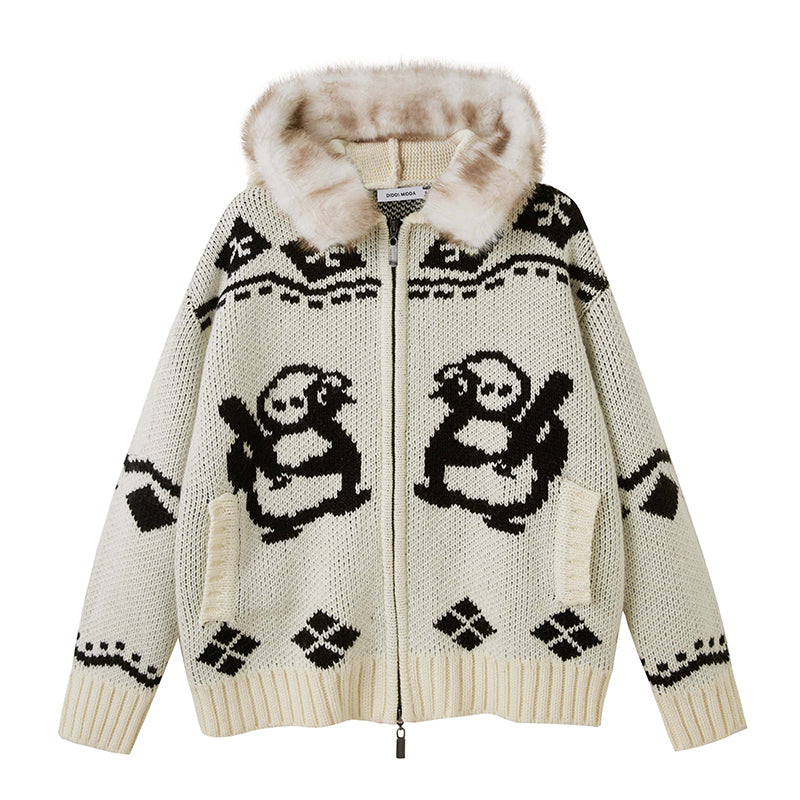DIDDI MODA Penguin Fair Isle Hooded Cardigan With Detachable Fur Collar