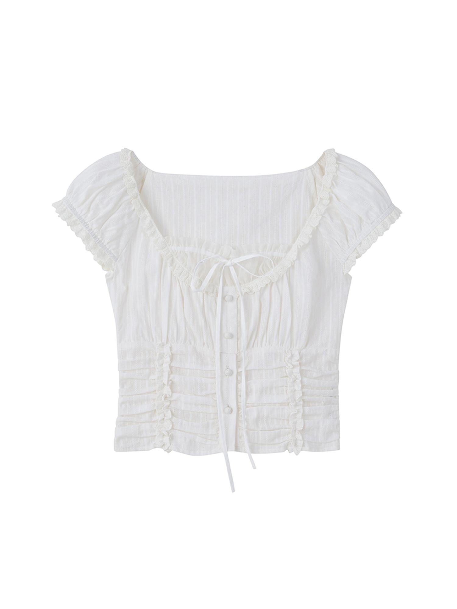 DIDDI MODA French Cotton Lace Trim Ruffled Fit Short Sleeve Blouse