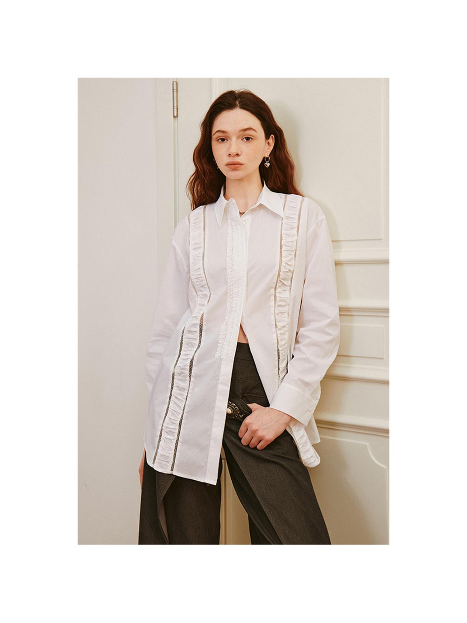 DIDDI MODA Lace Trimmed Sheer Ruffle Blouse
