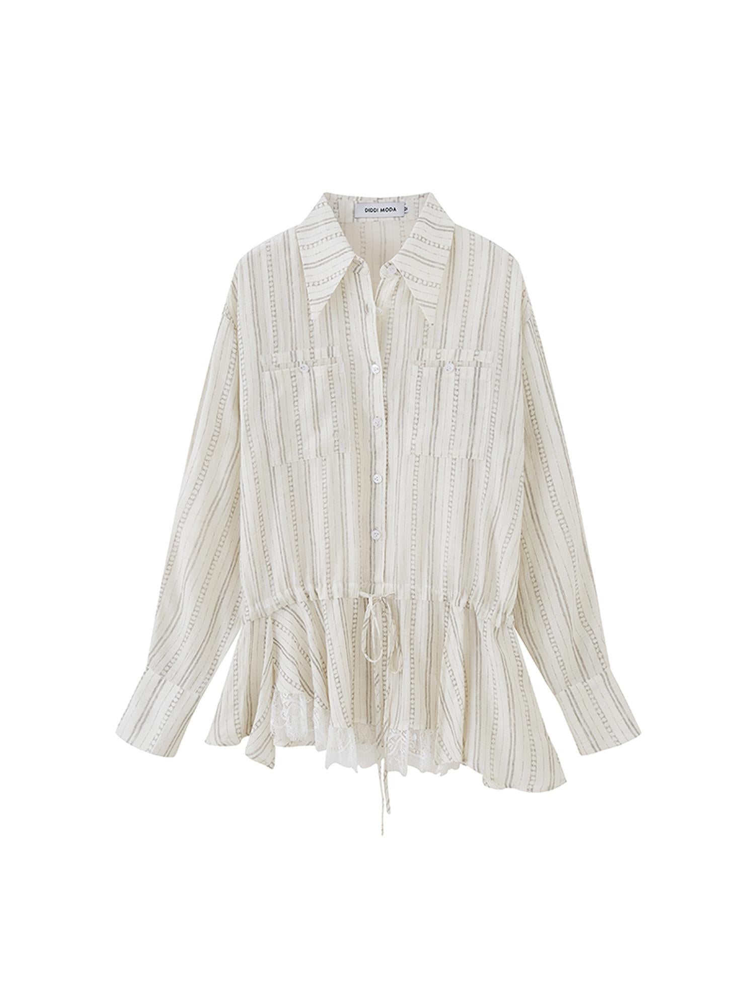 DIDDI MODA Vintage Lace Hem Drawstring Shirt Relaxed Fit