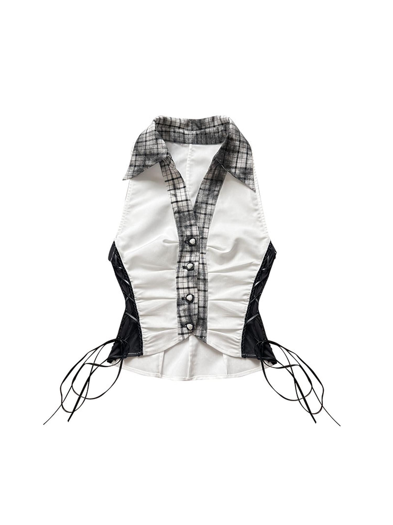 WSW WUSHENWU Slim Fit Checkered Spliced Shirt With Contrast Detailing