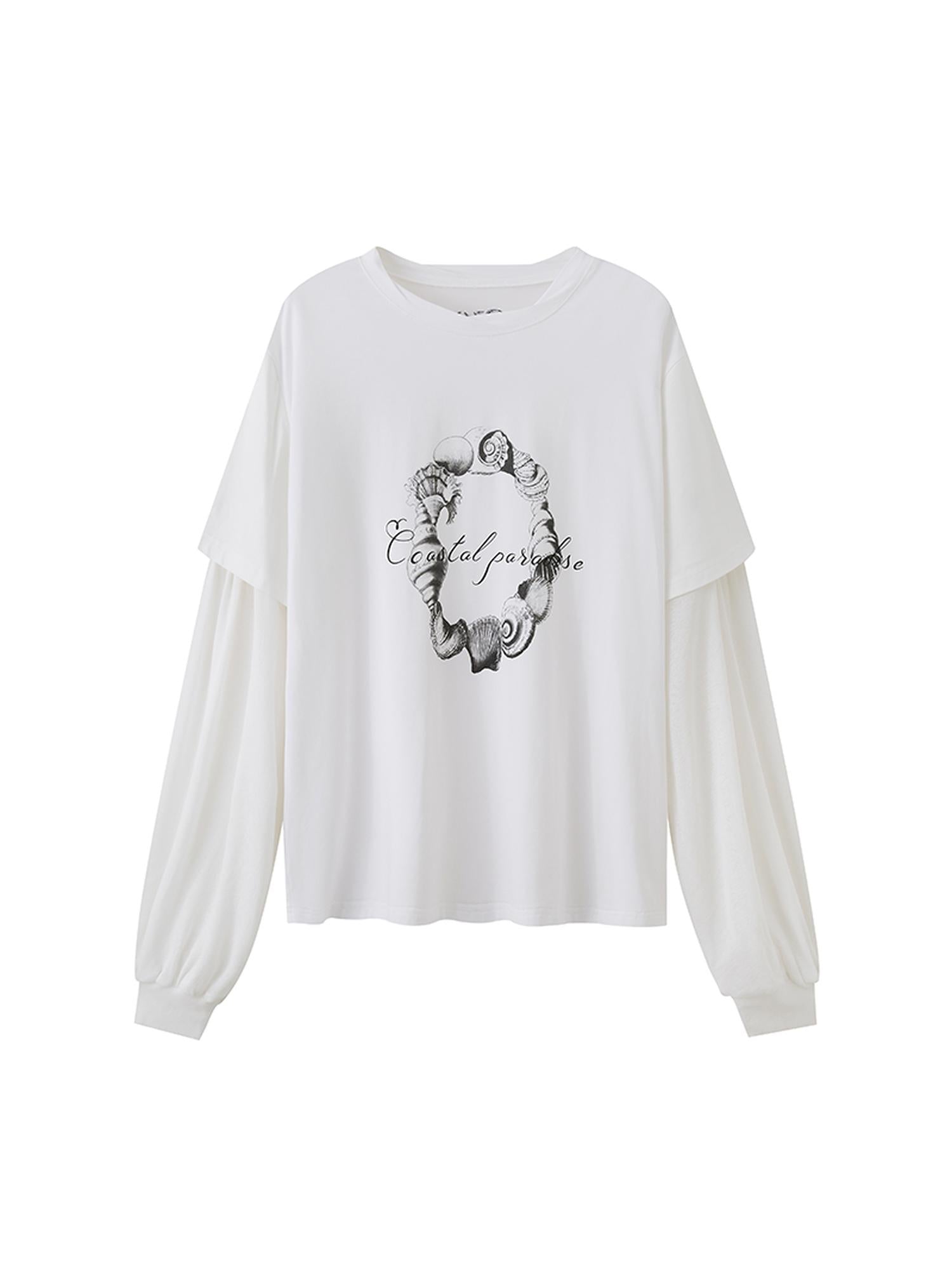 DIDDI MODA Ocean Shell Print Layered Loose Long Sleeve Tee