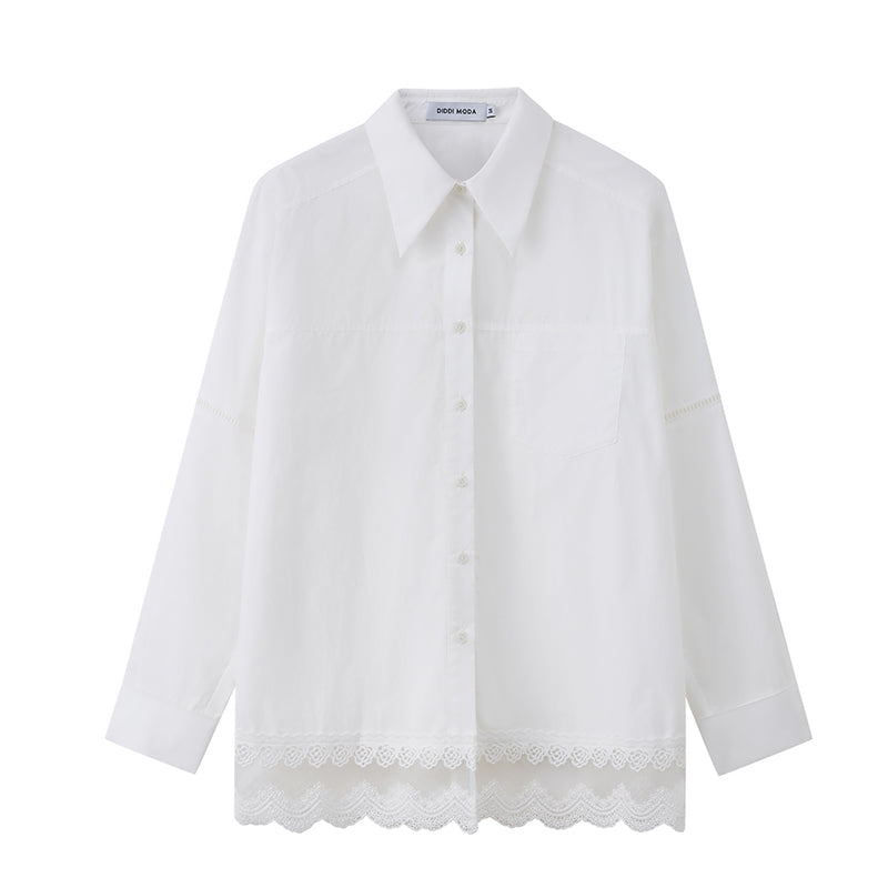 DIDDI MODA Lace Trimmed Relaxed Cotton Shirt With Floral Hem Detail